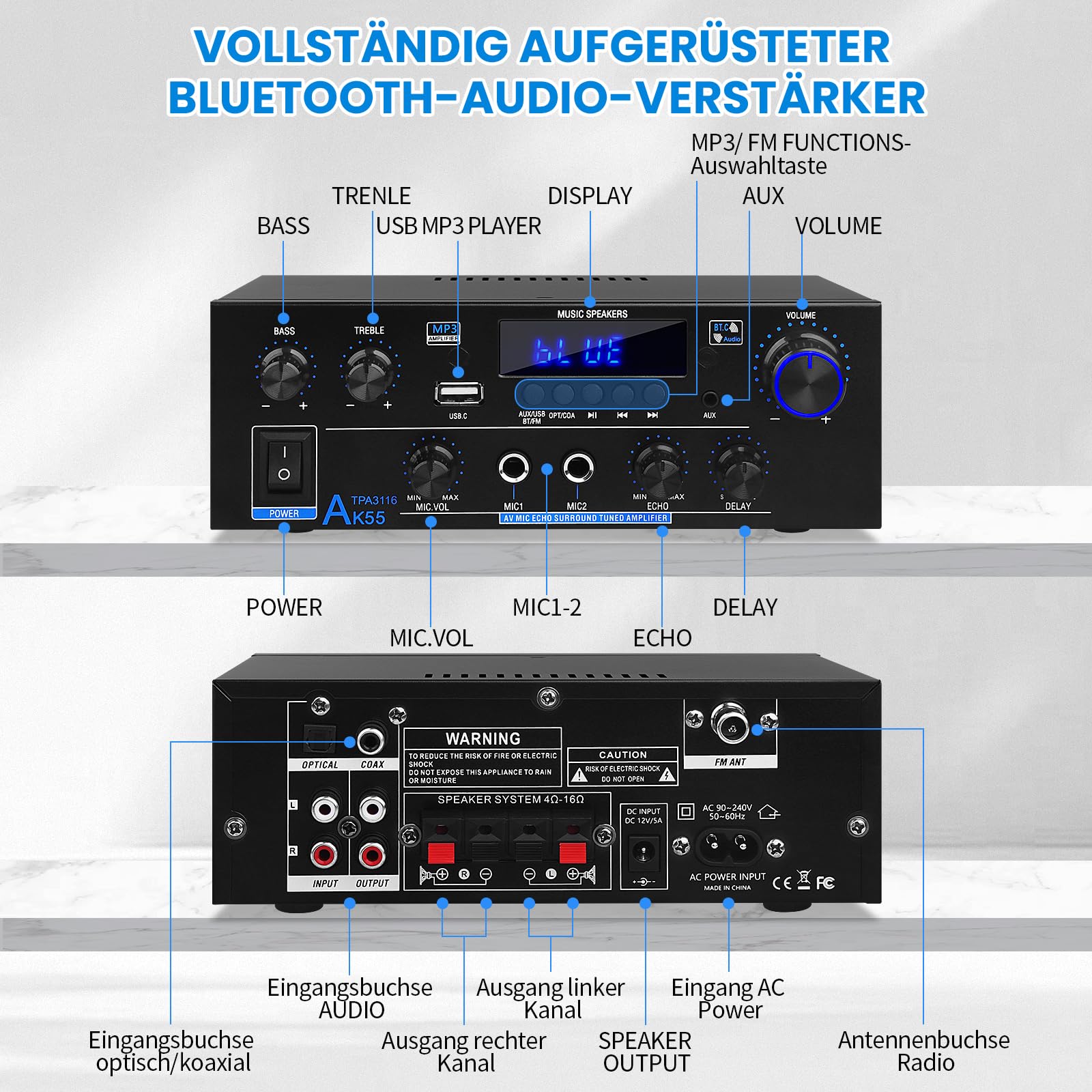 sikkeby Wzmacniacz HiFi AK55 Bluetooth stereo wzmacniacz audio, 2 kanały 70 WX2 maks. 600 W, wzmacniacz dźwięku 12 V/220 V, do domu lub samochodu, AK-55-DE