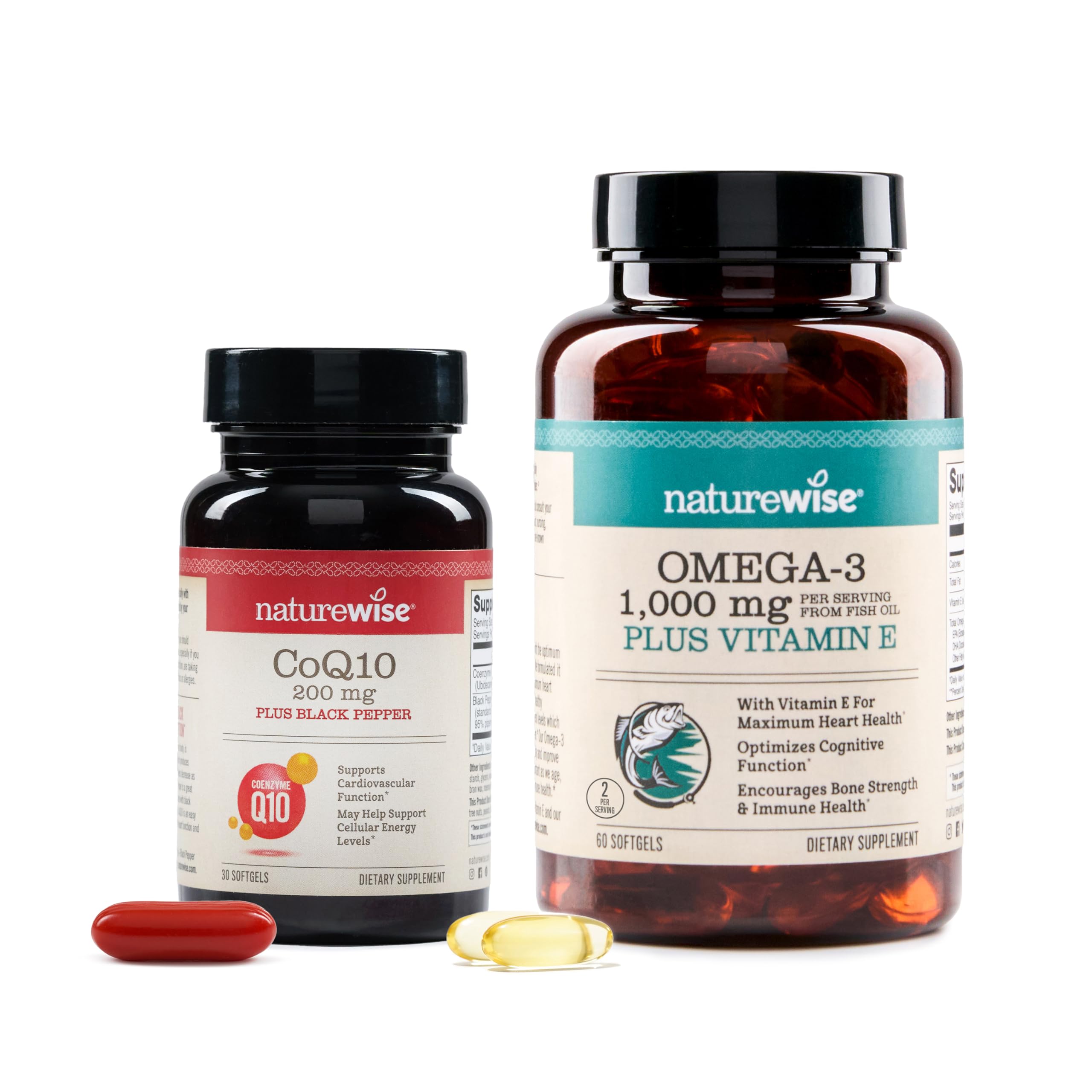 NatureWise [1] CoQ10 200mg + Black Pepper, High Absorption - 30 Softgels[30-Day Supply] + [1] Omega 3 Fish Oil 1000mg + Vitamin E - Wild-Caught - 60 Softgels[30