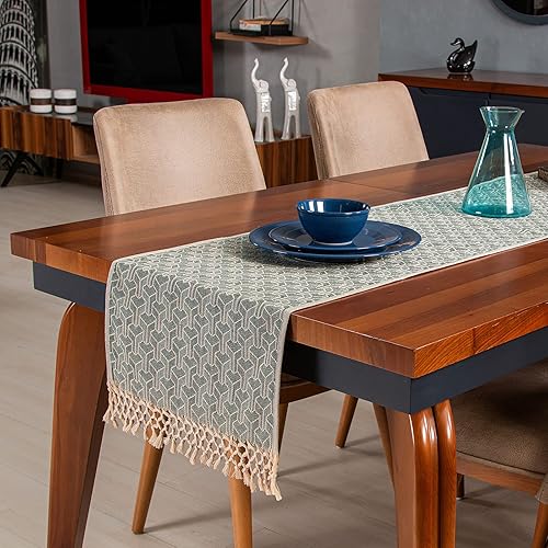 Miniatura 7 de Camino de mesa bohemio de 72 pulgadas de largo hermoso estilo rústico de granja tejido tradicionalmente con 100 algodón patrón original borlas