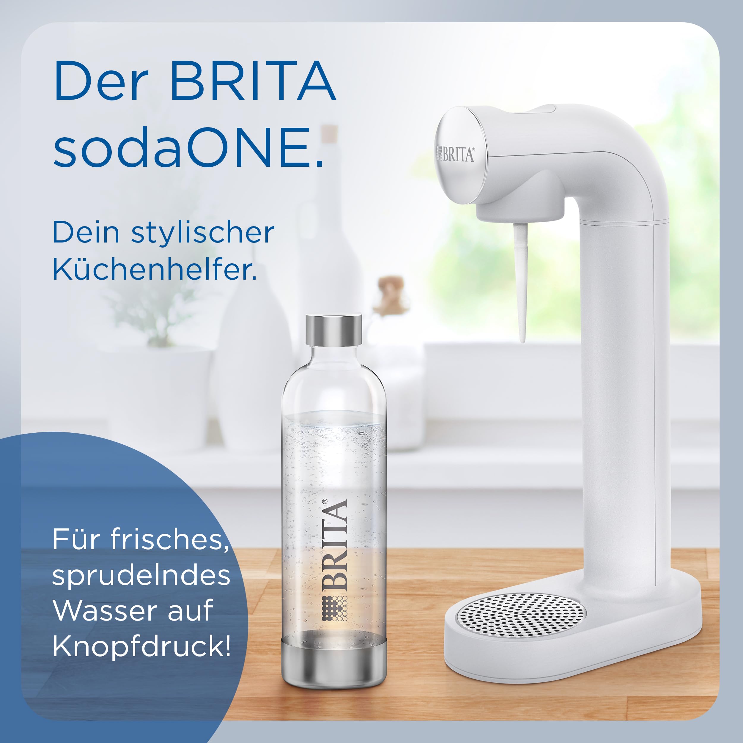 BRITA Wassersprudler sodaONE weiß inkl. CO2-Zylinder und BPA-freier PET-Flasche | Macht aus Leitungswasser prickelndes Sprudelwasser (bis zu 60l pro Zylinder)