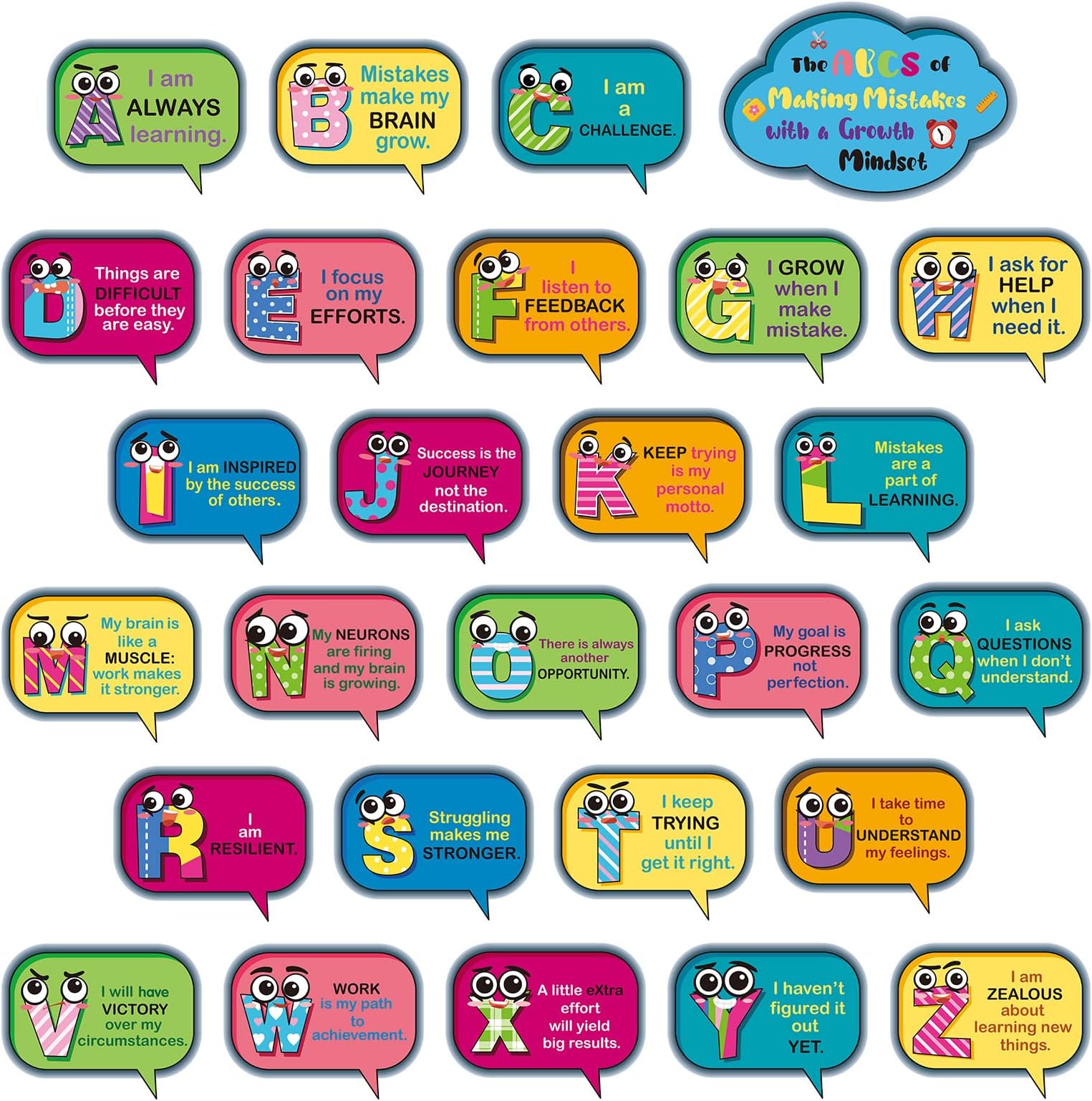 27 Pcs Alphabet Bulletin Board for Classroom Wall ABC Letters Learning Educational Cards Growth Mindset Posters Alphabet Cutouts Set A-z Decals Stickers for Classroom Teacher Home Students Wall Decor