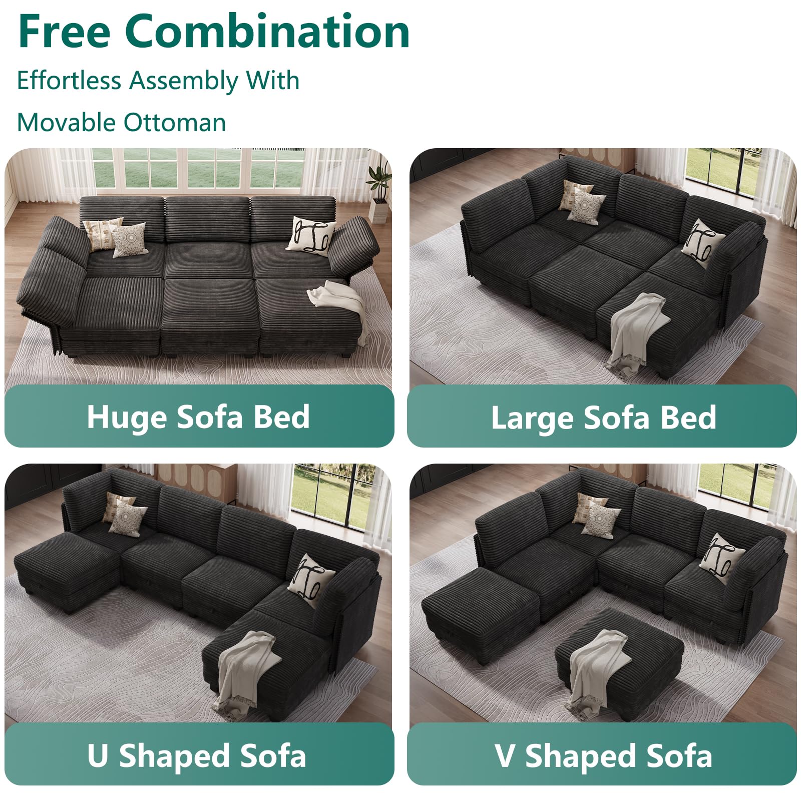 Modular Sectional Cloud Couch, Convertible Sleeper Sofa Bed for Living Room | Flexible L/U-Shaped Design, Freely Adjustable Backrest, Comfortable Foam Cushions, Sturdy Frame, Easy to Assemble, Black