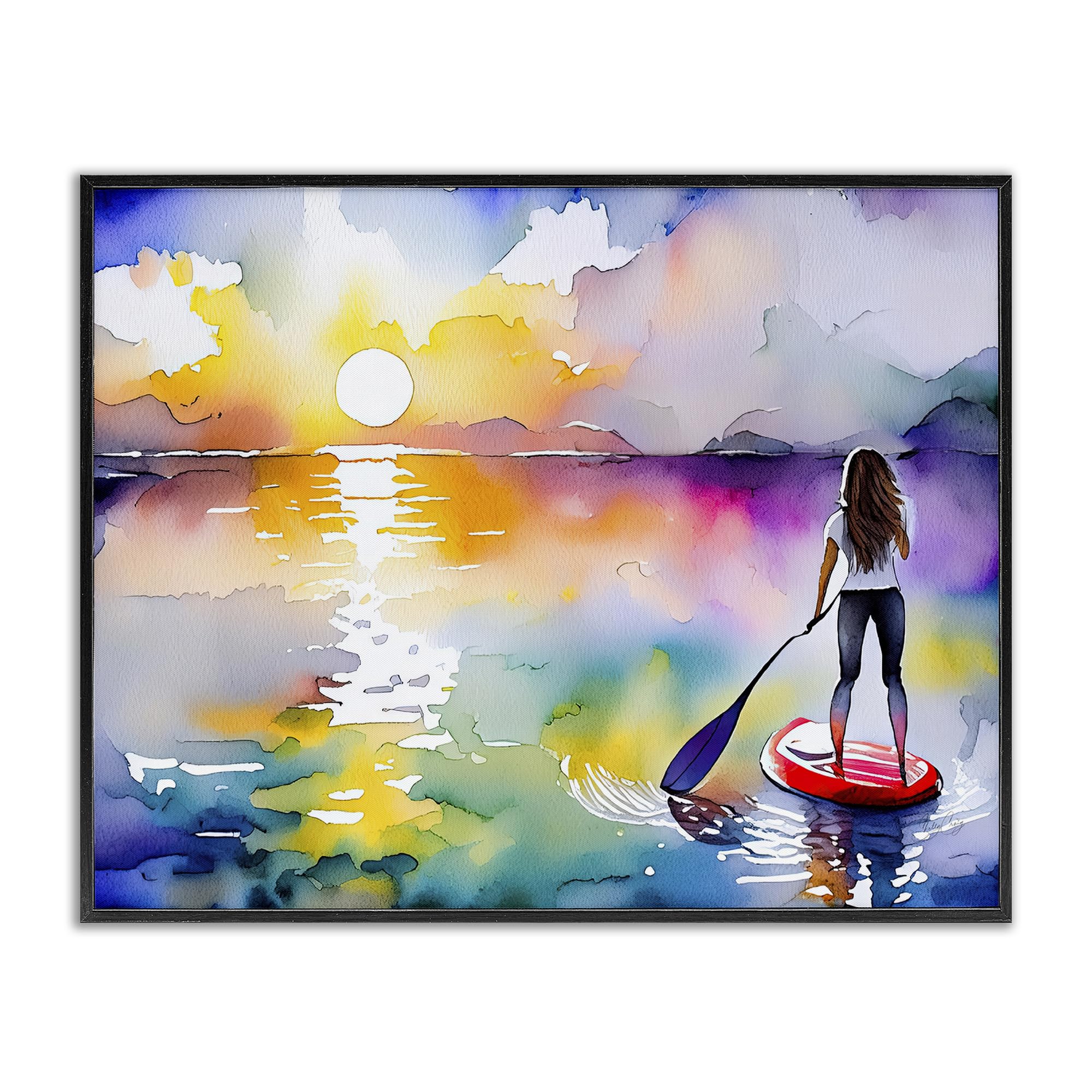 Stupell Industries Midnight Black (Textured) Sunset Paddle Drift Coastal Serenity, 16 X 20 Inch Framed Giclée Print