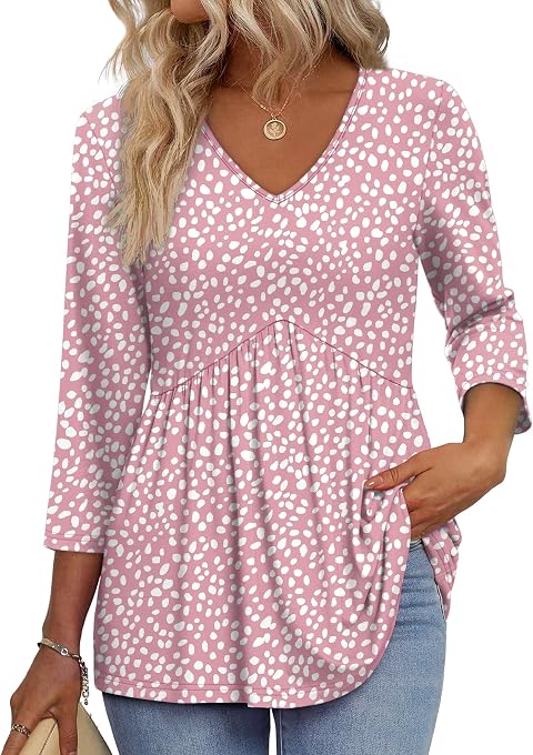 OFEEFAN 3/4 Length Sleeve Womens Tops 2026 Blouses for Women Dressy Casual Fashion Clothing V Neck Babydoll Tops Fall Outfits