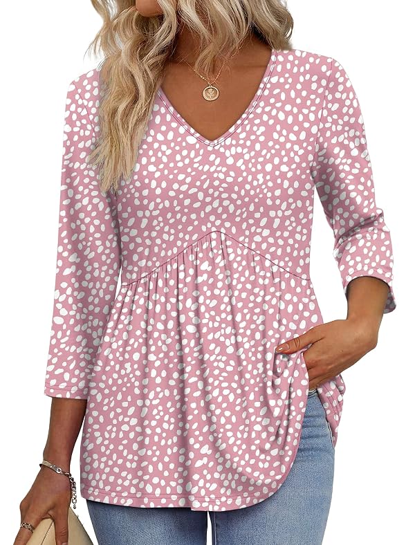 OFEEFAN Plus Size Babydoll Tops for Women 3/4 Length Sleeve Womens Blouses Summer Fashion Clothing Boho Top Going Out Tops for Women Fall Outfits Maternity Shirts Valentine Pink Dot 2XL by OFEEFAN - Used condition - US$11.69