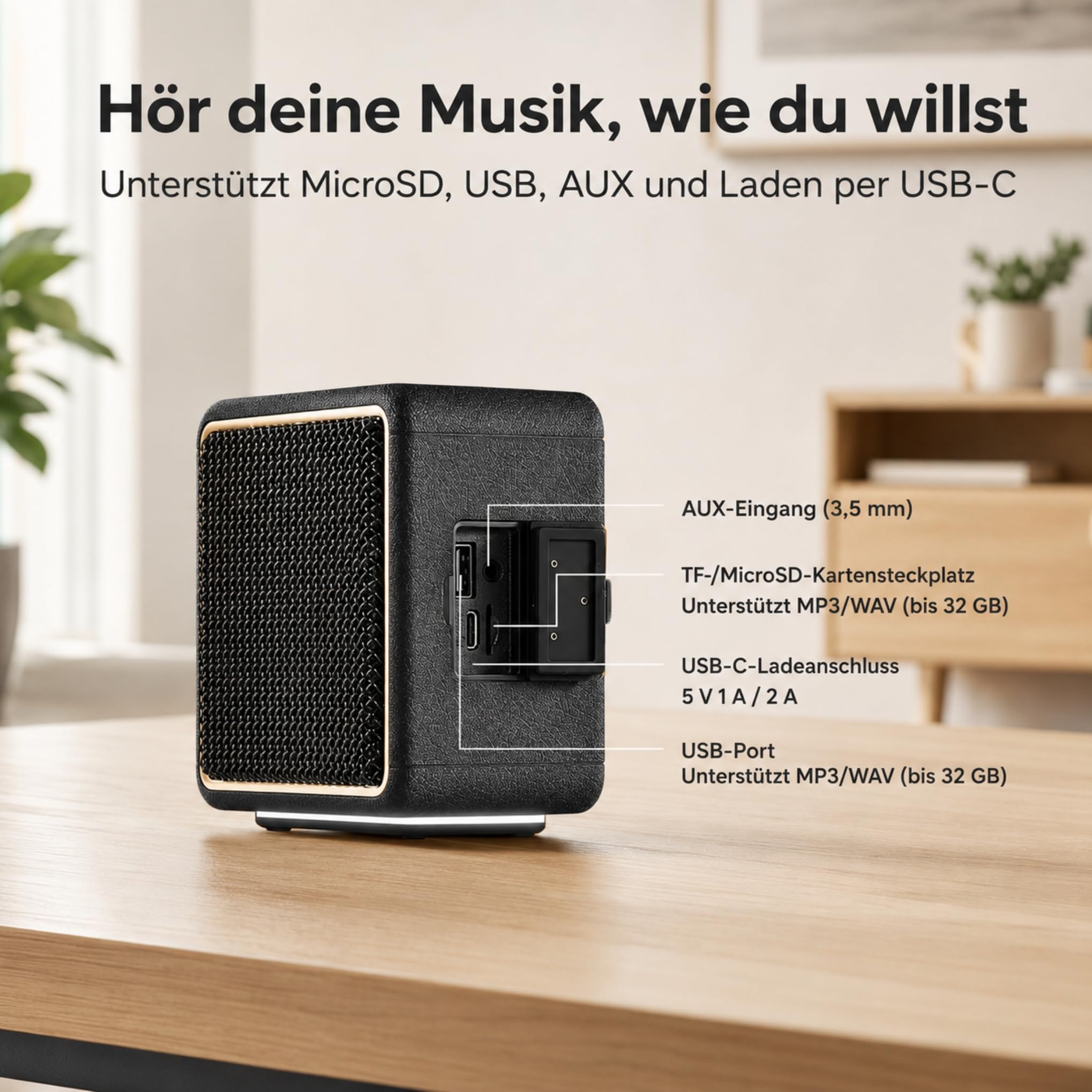 MG II Bluetooth Lautsprecher, 24W RMS Dauerleistung, Bluetooth 6.0, DSP Klang, IP67 Wasserdicht & Staubdicht, 17H+ Akku, RGB Licht, TWS Stereo, 3 EQ-Modi, Type-C Laden, AUX/TF/USB, Schwarz & Messing
