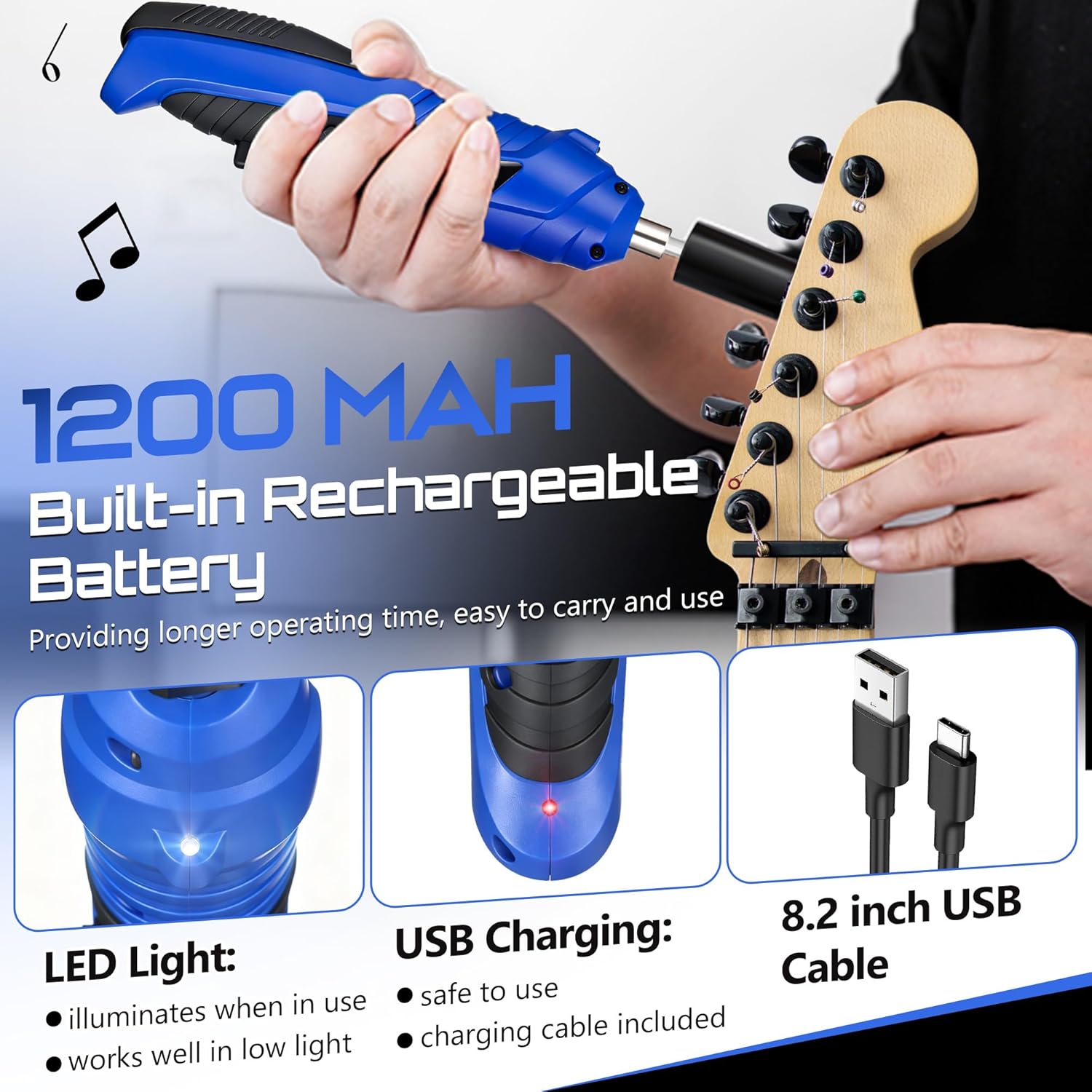 Guitar Tool Set, Rechargeable 200RPM Electric String Winder with LED, String Cutter, Action Gauge Ruler, Bridge Pin Puller, 10 Screwdriver Bits, 6 Guitar Picks & Cleaning Cloth