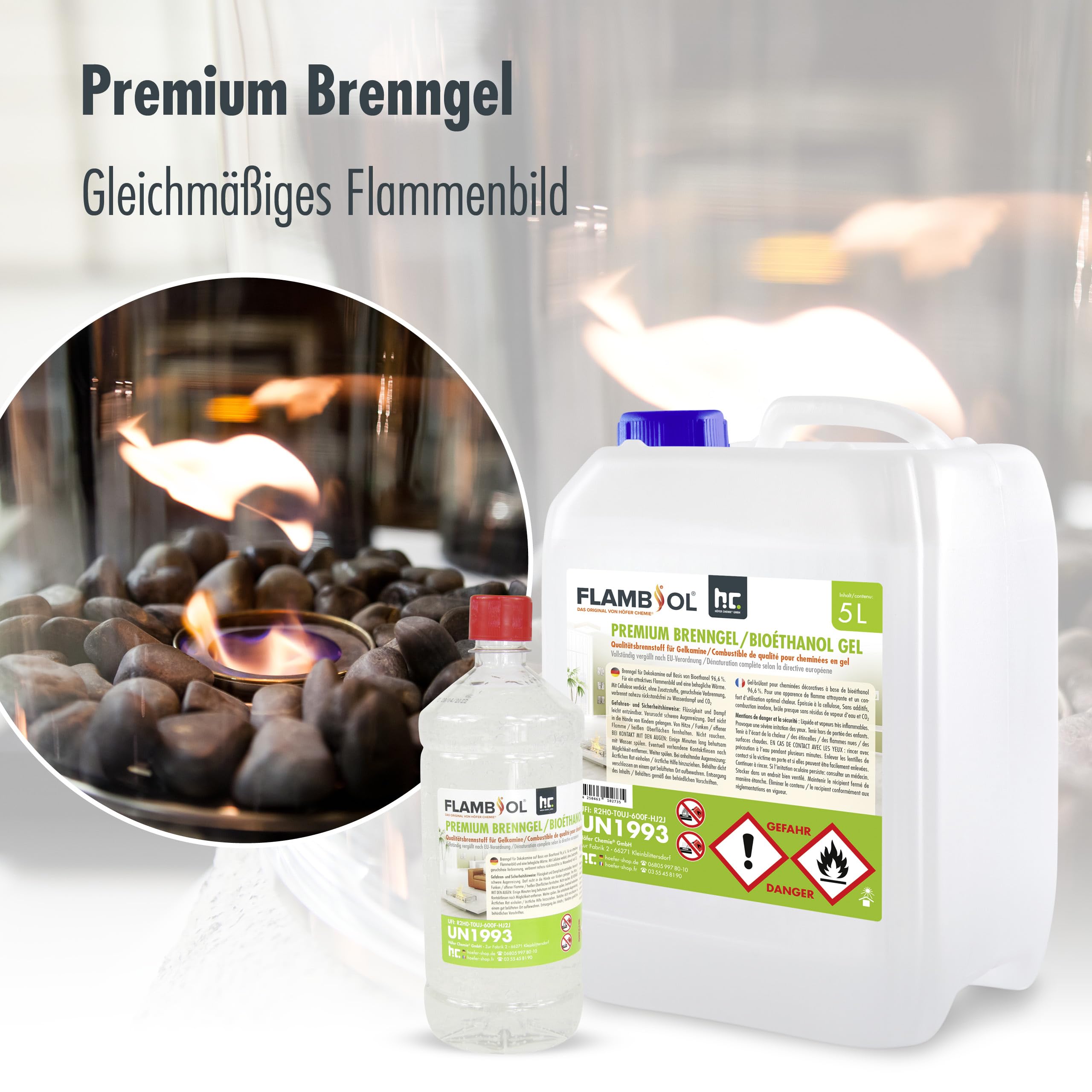 Höfer Chemie 5 L FLAMBIOL® Premium Brenngel für Brenngel Dekofeuer, Lampe und Kamine - Dickflüssiges Gel