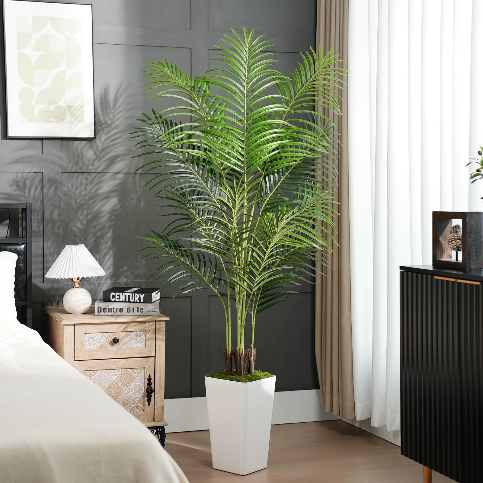 Palmier Artificiel de 1,8 m avec Pot Blanc – Grand Faux Palmier Tropical en Pot avec véritable écorce pour la Maison, Le Bureau, Le Salon, la Chambre, la Ferme et la décoration Moderne