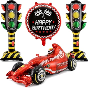 4Pcs Race Car Theme Foil Balloon Set, Traffic Light, Racing Car, Checkered Flag Balloons, Suitable for Cars Birthday Party Decorations for Boys Kids