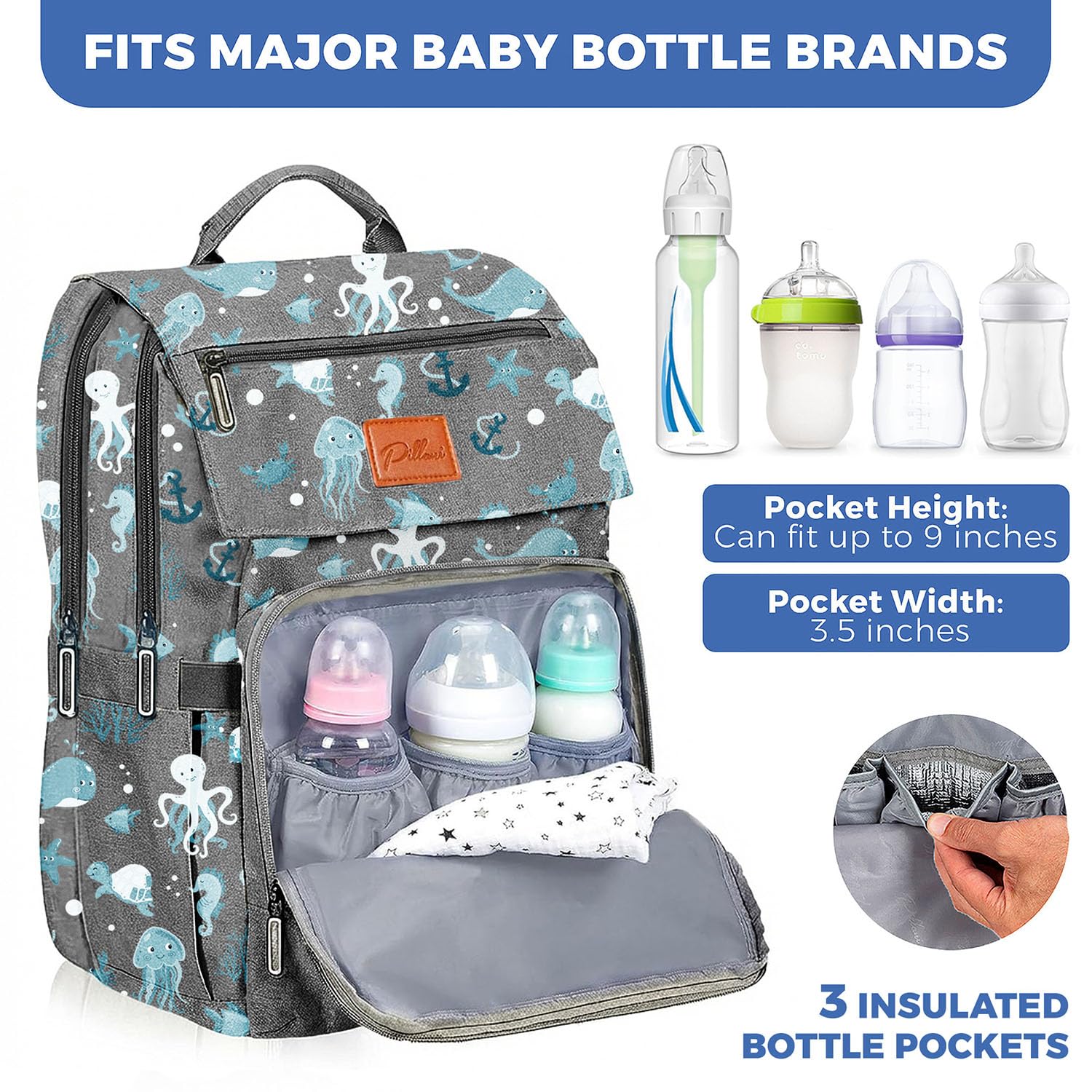 PILLANI Baby Diaper Bag Backpack - Backpack Diaper Bag w/Large Capacity - Baby Shower Gifts - Waterproof Travel Diaper Bags w/Changing Pad, Insulated Bottle Holders, Padded Straps - Baby Boy Stuff