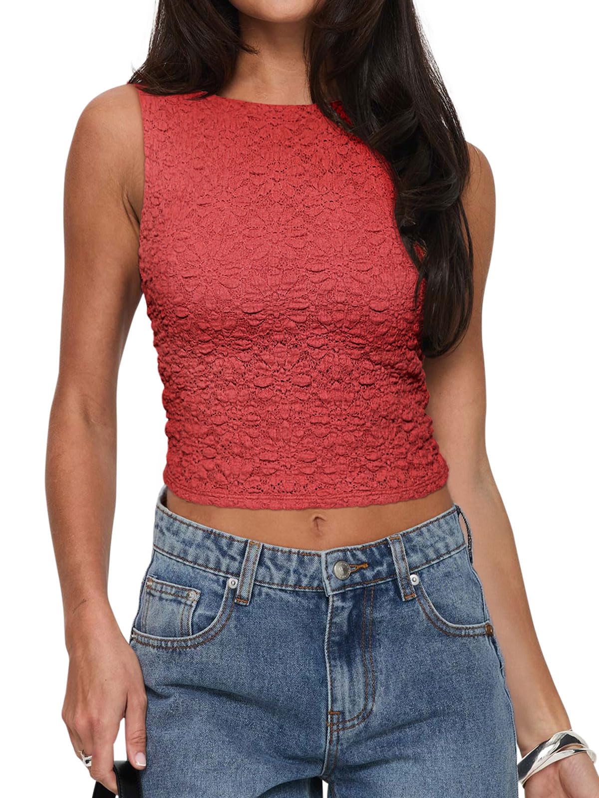 REORIA Women's Sexy Open Back High Neck Sleeveless Tank Top Y2k Lace Twist Backless Crop Tops