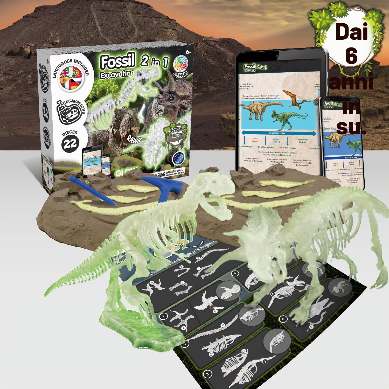 Science4you Kit Dinosauri 2 in 1 - Fossili da Scavare che si Illuminan al Buio di 2 Dinosauri: T Rex e Triceratopo, Scheletro Dinosauro, Giocattoli per Bambini 6 7 8 9+ Anni