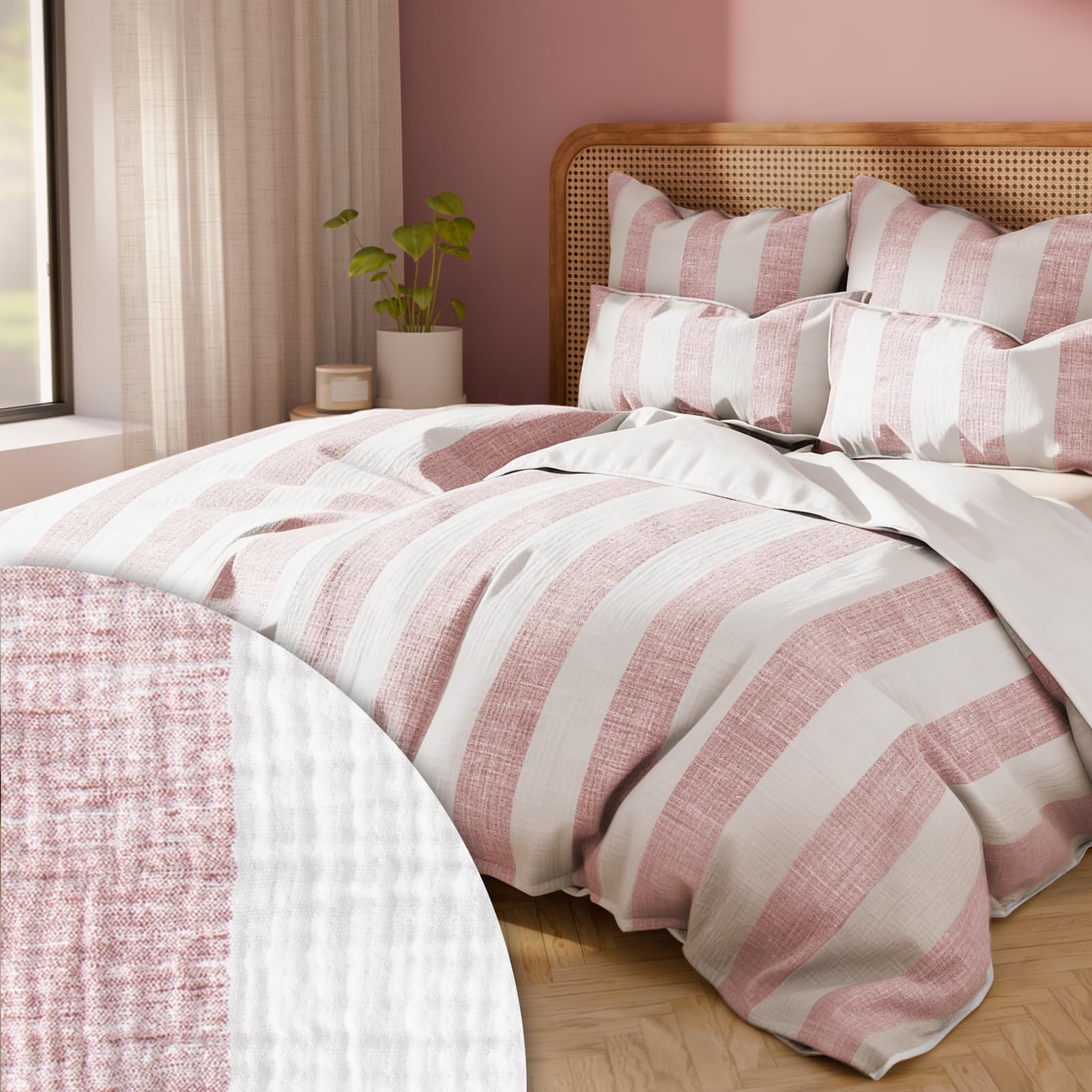 Pure Label Musselin Bettwäsche 135x200 Baumwolle, gestreiftes Bettwäsche Set Mauve mit Kissenbezug 80x80, anschmiegsame Baumwoll-Rückseite - 2