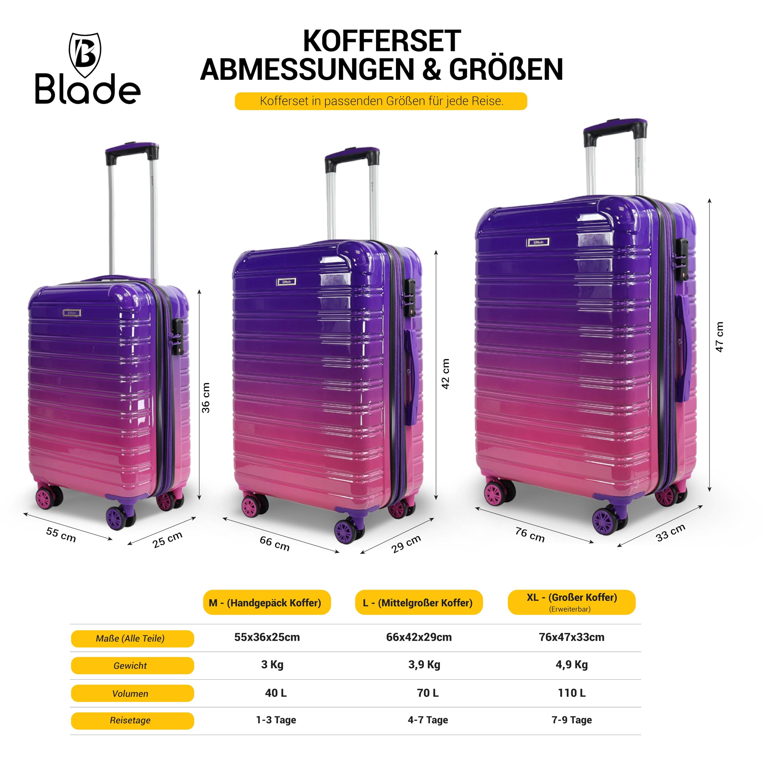 Blade Erweiterbares Handgepäck - Hartschalen Koffer Trolley - Leichter Reisekoffer Handgepäck aus ABS+PC mit TSA Schloss - 4 Spinner Räder Koffer- Rollkoffer (Lila-L)