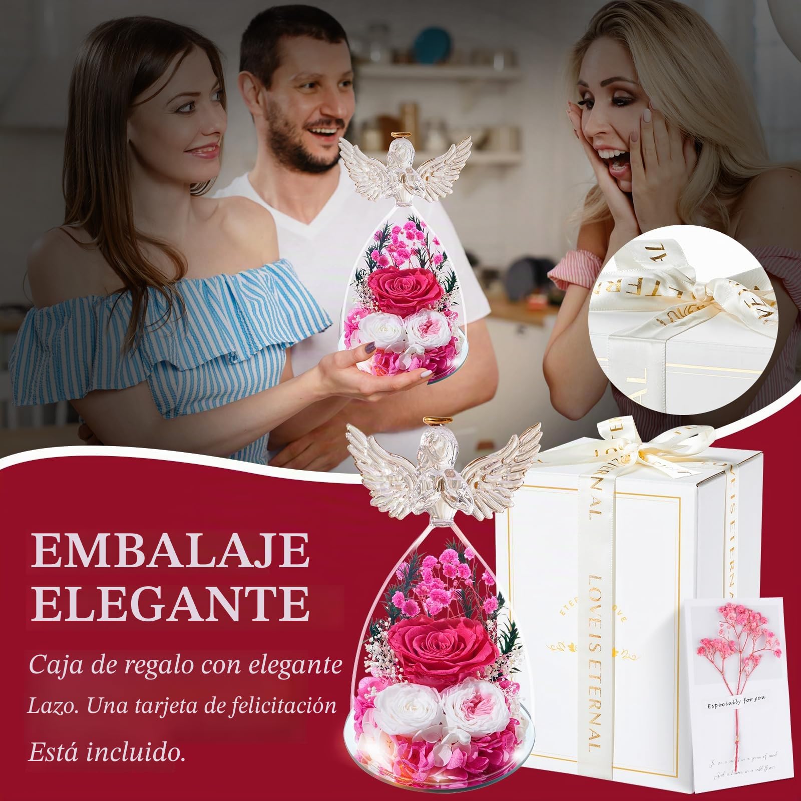 Regalos Originales para Mujer Día de la Madre, Rosa Eterna Flores Preservadas en Ángel Figura, Regalos para Mamá Madre Abuela Esposa Novia, Cumpleaños Navidad Acción de Gracias Aniversario, Rosa