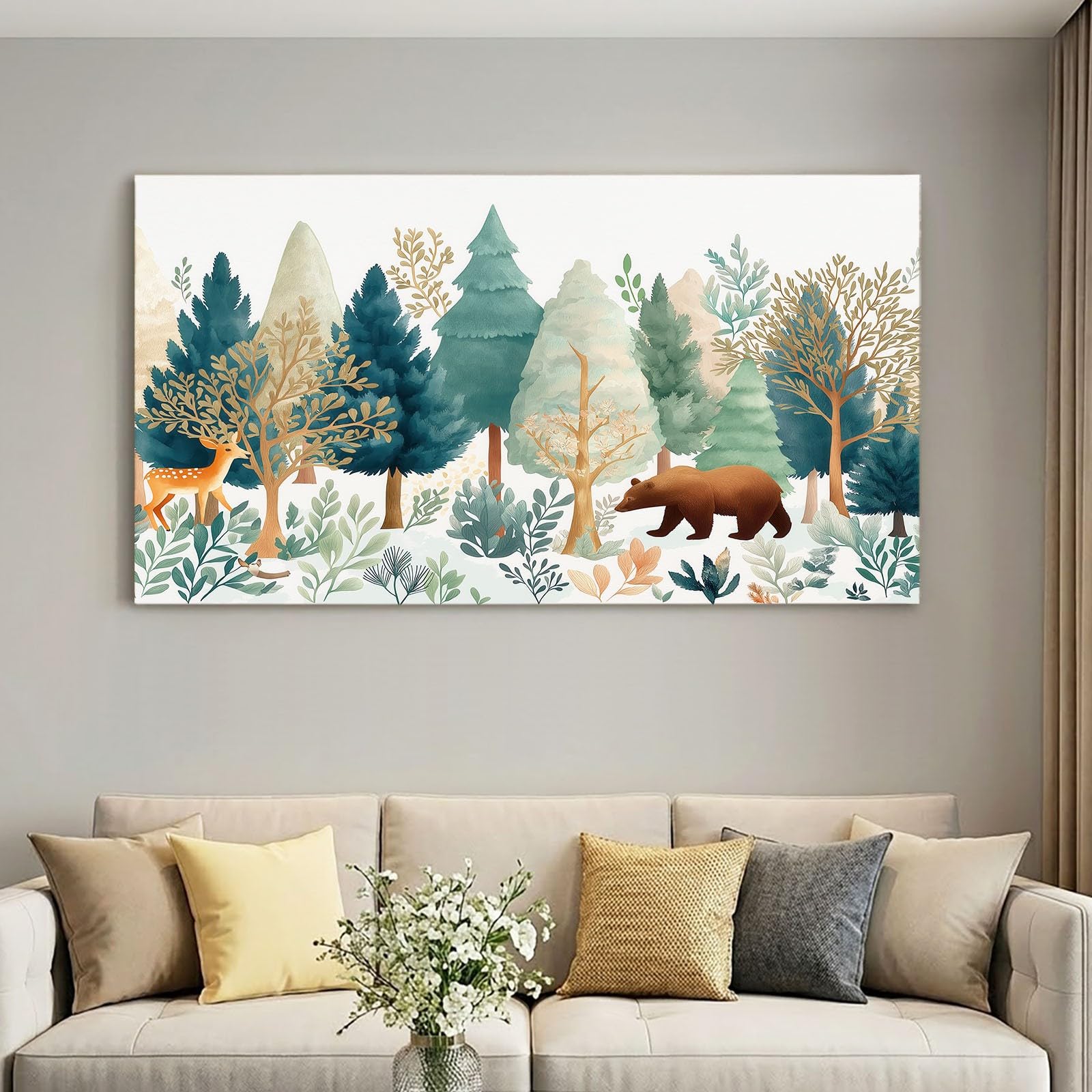 Sztuka ścienna 90 x 60 cm wydruki na płótnie kreskówka - wodoodporny plakat zielony jeleń niedźwiedź drzewa rośliny, obraz do salonu, sypialni, biura, kuchni, wystrój domu