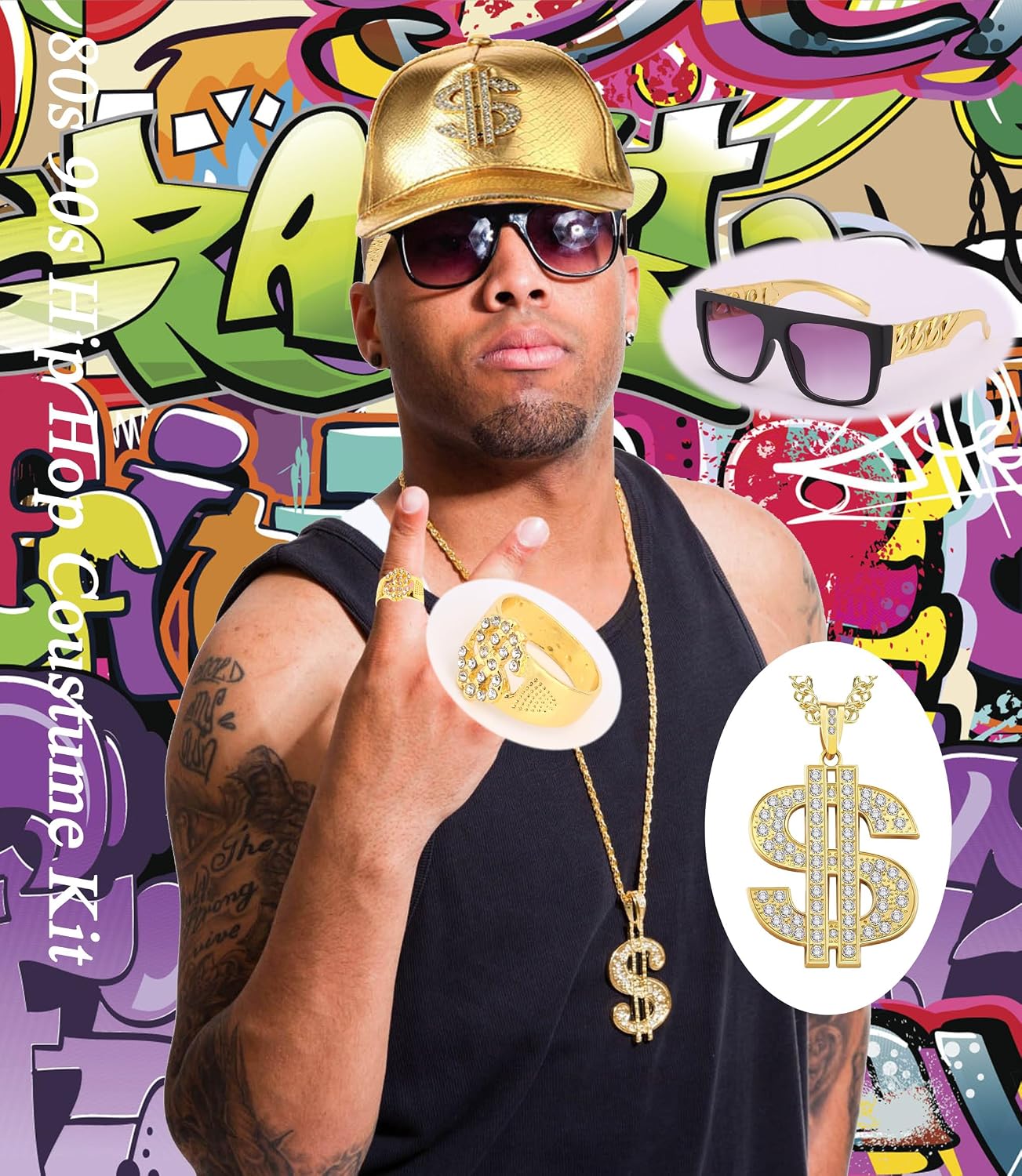 Hip Hop Costume 80s 90s Outfit for Men Dollar Sign Necklace Fake Golden Chain Bracelet Money Chain Rapper Accessories