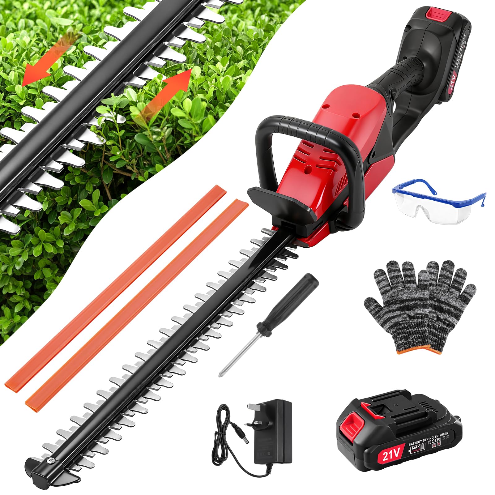 Cordless Hedge Trimmer, 21V Electric Hedge Trimmer with Battery & Charger, 50cm Cutting Length, Dual Action Blades, Battery Hedge Trimmers Hedge Cutter Cordless for Trimming Hedges, Shrubs Plants