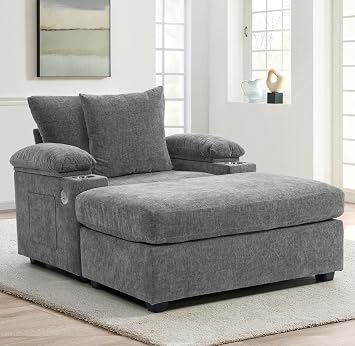 Indoor Chaise Lounge Chair with Storage Arms,Chenille Upholstered Accent Chairs with Ottoman, Oversized Armchair with Footrest,Cupholders for Living Room,Bedroom,Office Chenille, Grey