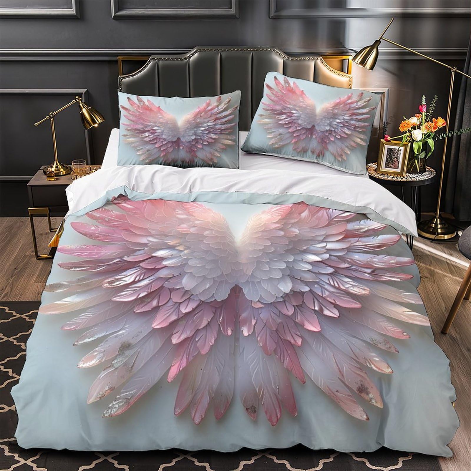 JQKZXNHPDR 3D Printed 3-Piece Bedding Set Home Decor Zipper Ultra Angel Wings Decor Duvet Cover Hypoallergenic Machine Washable for Children,Boys,Youth pastel Wing Comforter Cover King（220x240cm）