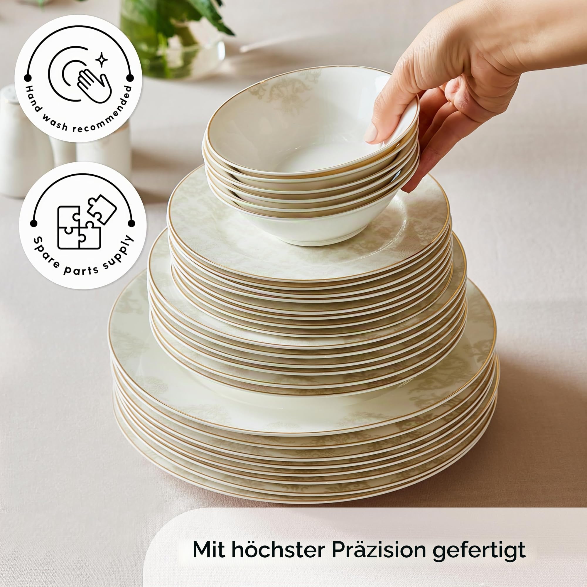 Karaca Elegance Bone Siena - 53-teiliges Geschirrset für 12 Personen, Modern Teller Set aus Porzellan, Geschirr Set mit Suppenschalen, Servierplatte, Tiefe Teller, Dessertteller - Weiß & Gold