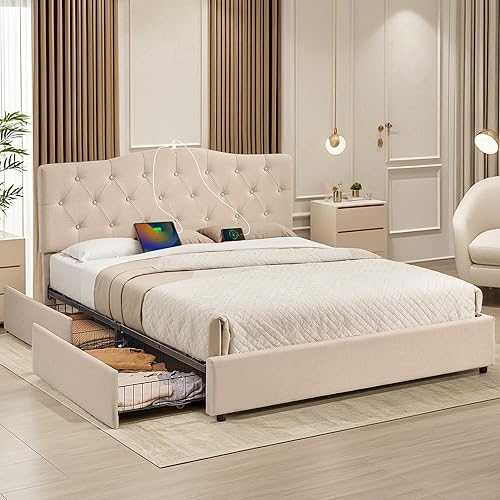 Miniatura 88 de VECELO Base de cama de tamaño matrimonial con cabecera ajustable copetuda, base de colchón, soporte de listones de madera, fácil montaje, color gris