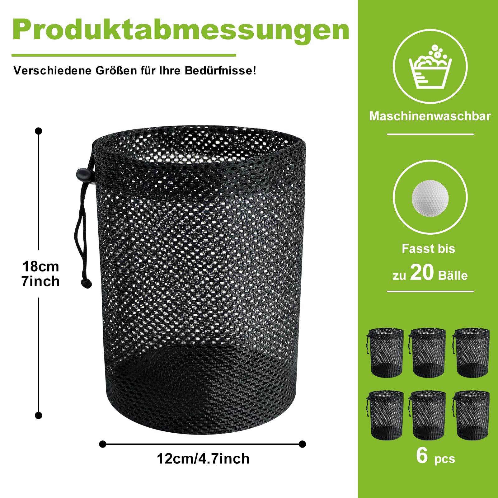 Sac de rangement pour balles de golf - Lot de 6 sacs en maille avec cordon de serrage - Sac de rangement pour équipement de sport, collecte de demi-balles de tennis