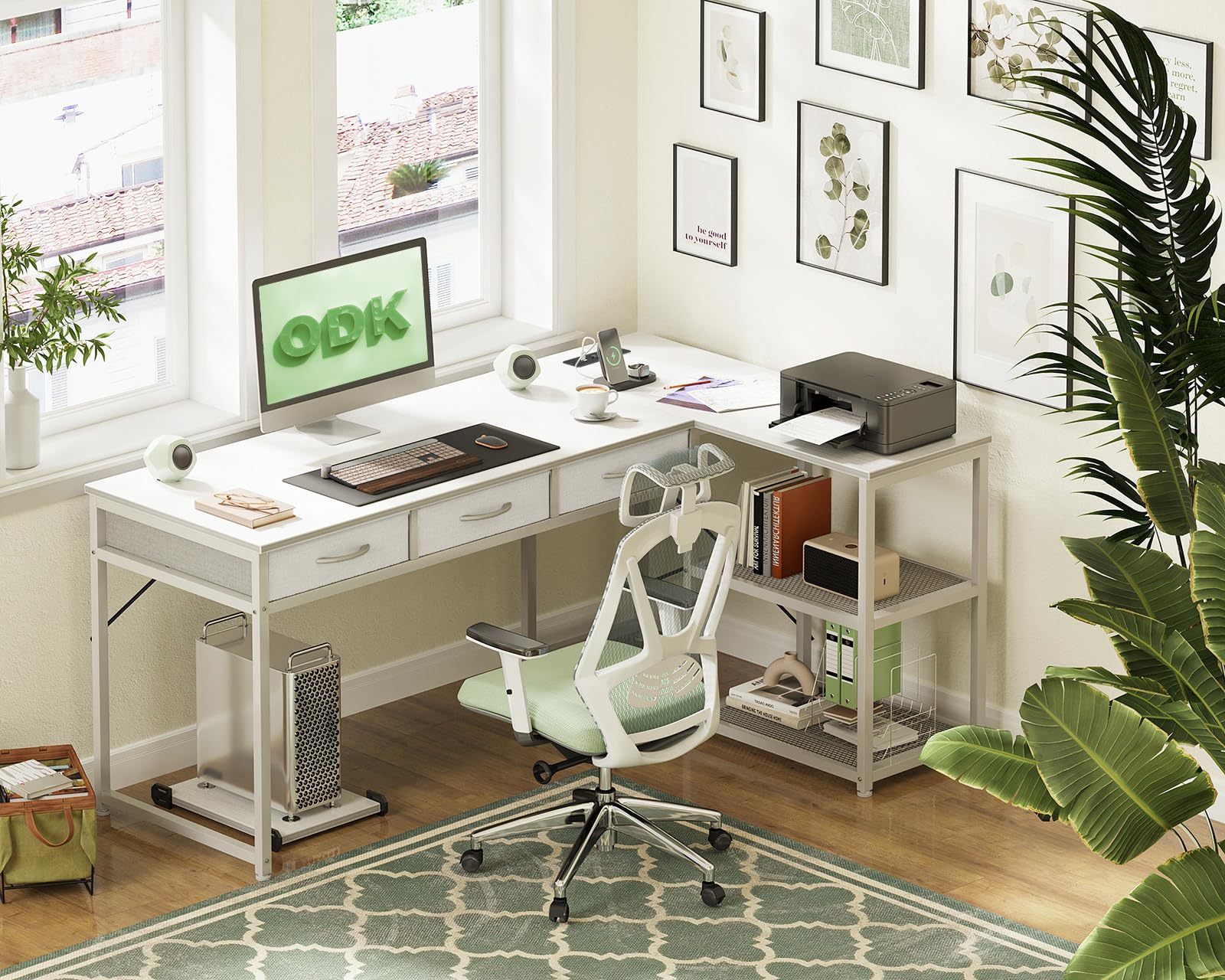 ODK Scrivania con Cassetto Sotto, Scrivania ad L con Multipresa, Scrivania ad Angolo Bianca con Design Reversibile, 155×110cm