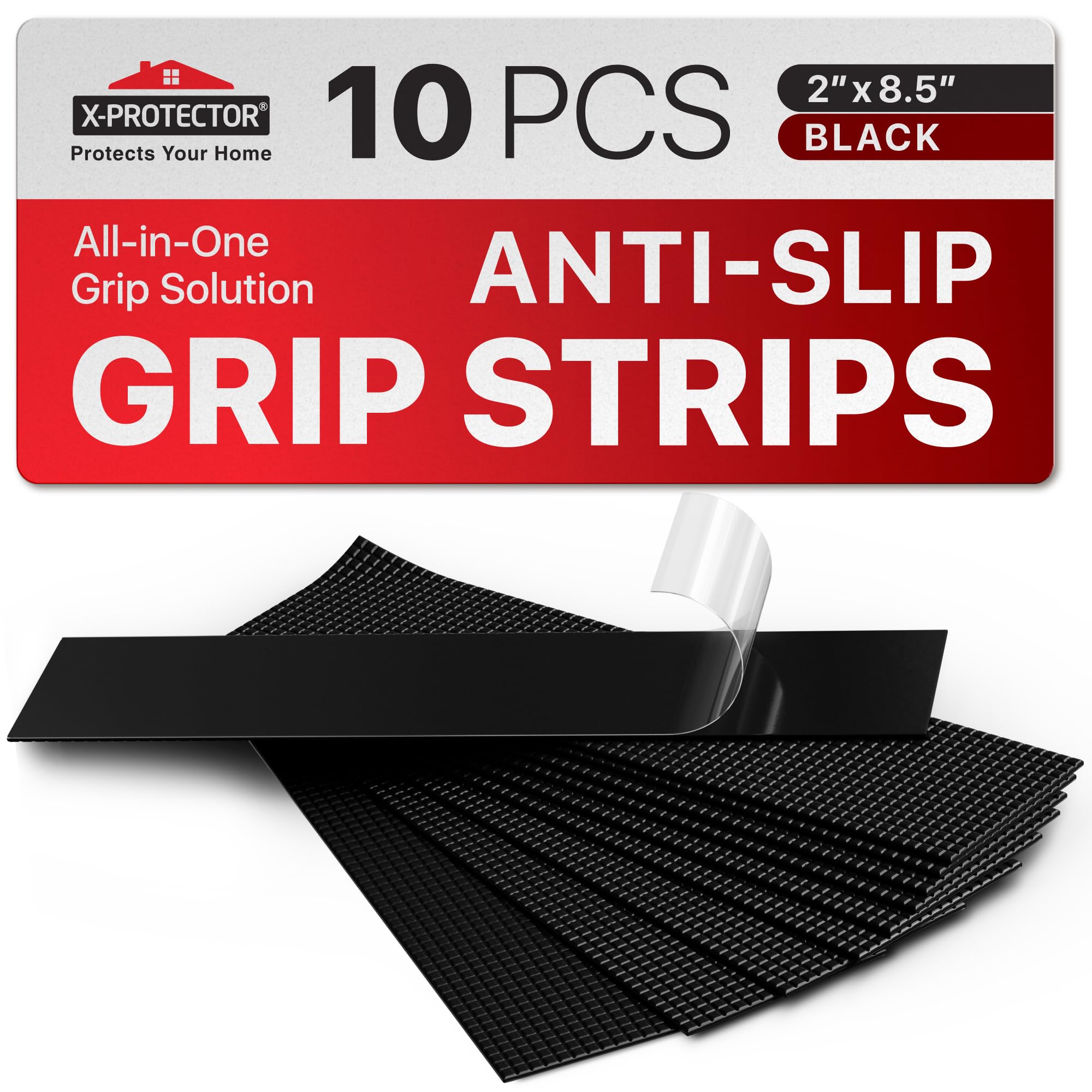 X-Protector Rubber Grip Tape Strips - 10 PCS Pack of Non-Abrasive Grip Stickers - 2"x8.5" Heavy-Duty Non Slip Adhesive Strips - Black Waterproof