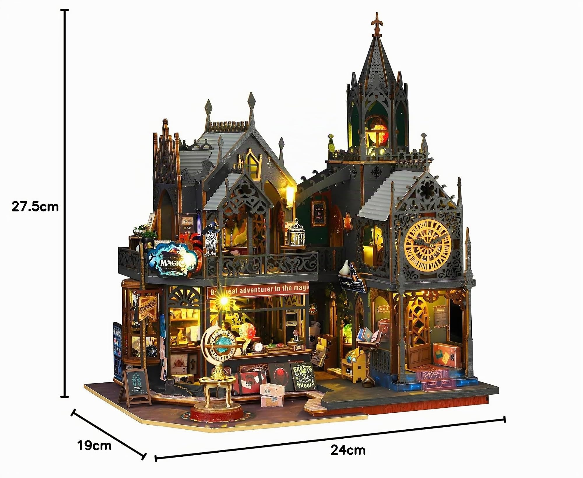 Spilay DIY Miniature House - Puppenhaus Bausatz im Europäischen Burgenstil mit LED-Beleuchtung & Staubschutzhaube & Musikspielwerk (ES012-2 Holo Magic City 2)