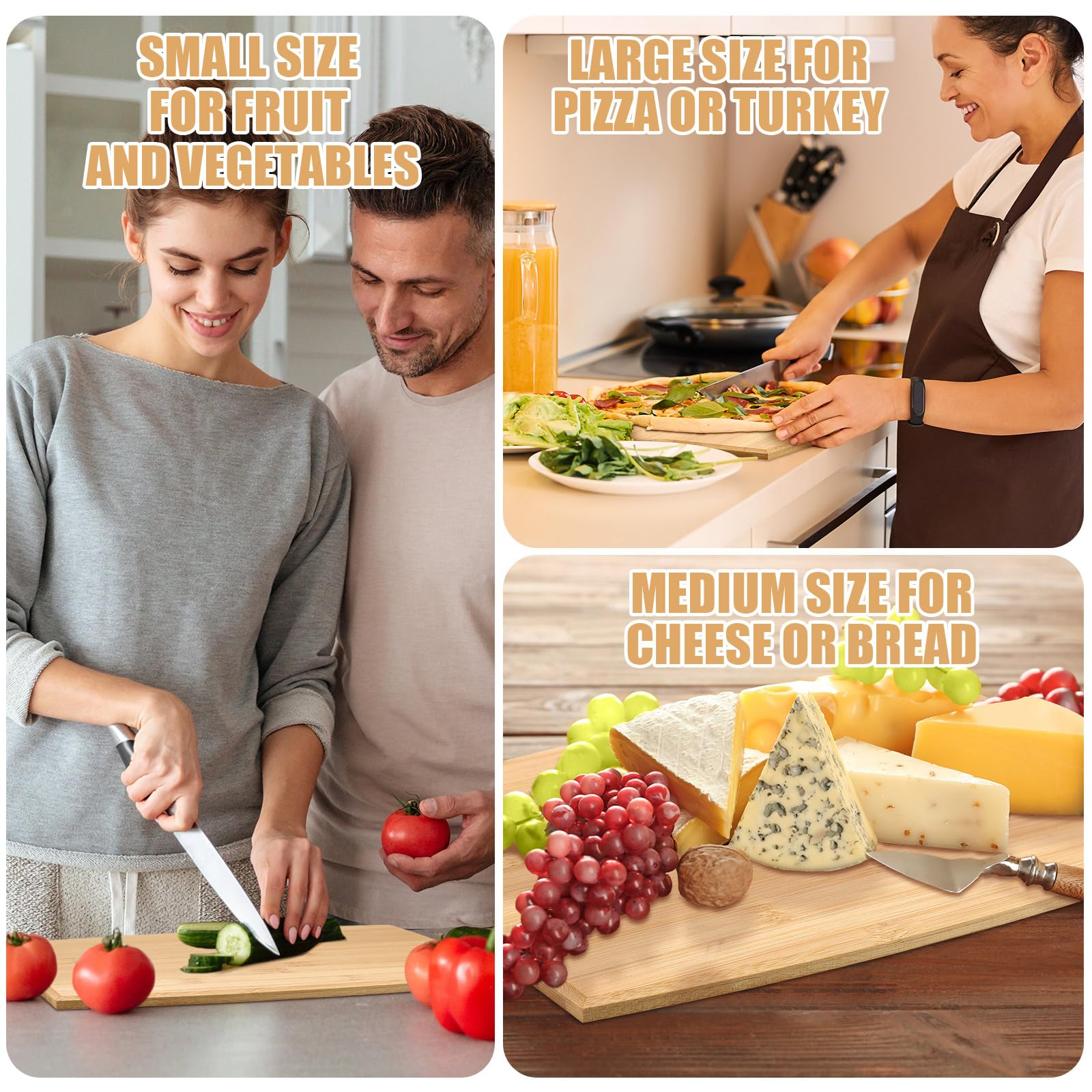 Juego de 12 tablas de cortar lisas con asas, tabla de servir grande de madera, tabla de cortar a granel para verduras, carne, pizza, queso, pan de frutas (17 x 10 pulgadas, bambú)