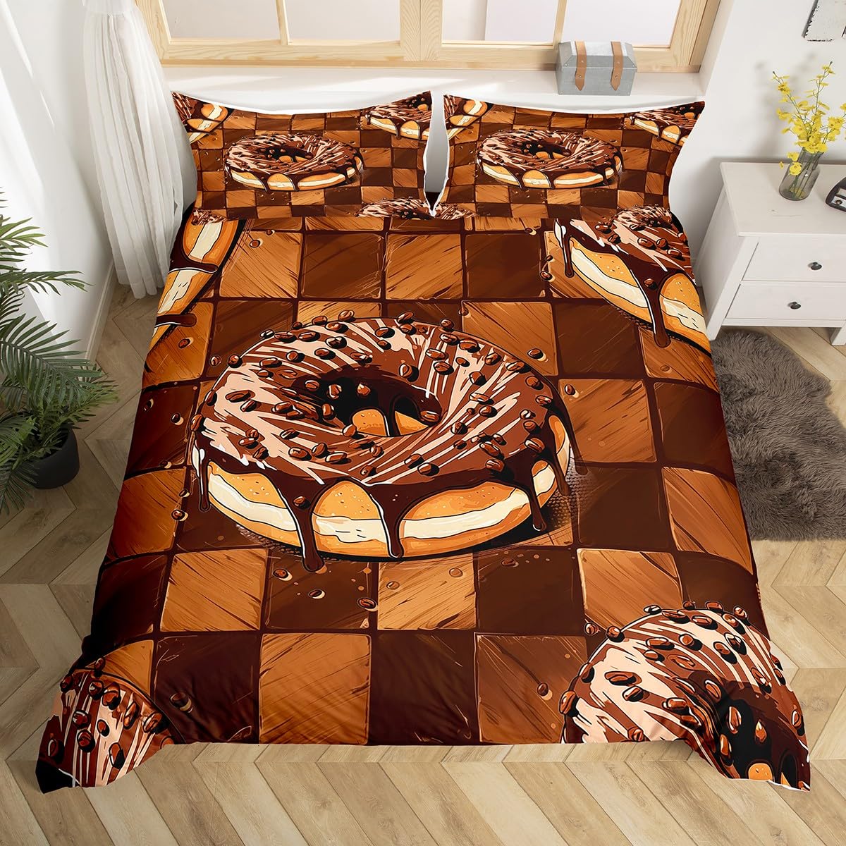 Feelingyou Girls Brown Cartoon Donuts Kids Duvet Cover Set King Size,Geometric Plaids Grids Patchwork Bedding Set, Room Decor,Sweet Doughnut Desserts Food Comforter Cover, Retro Quilt Cover,2 Pillowcases