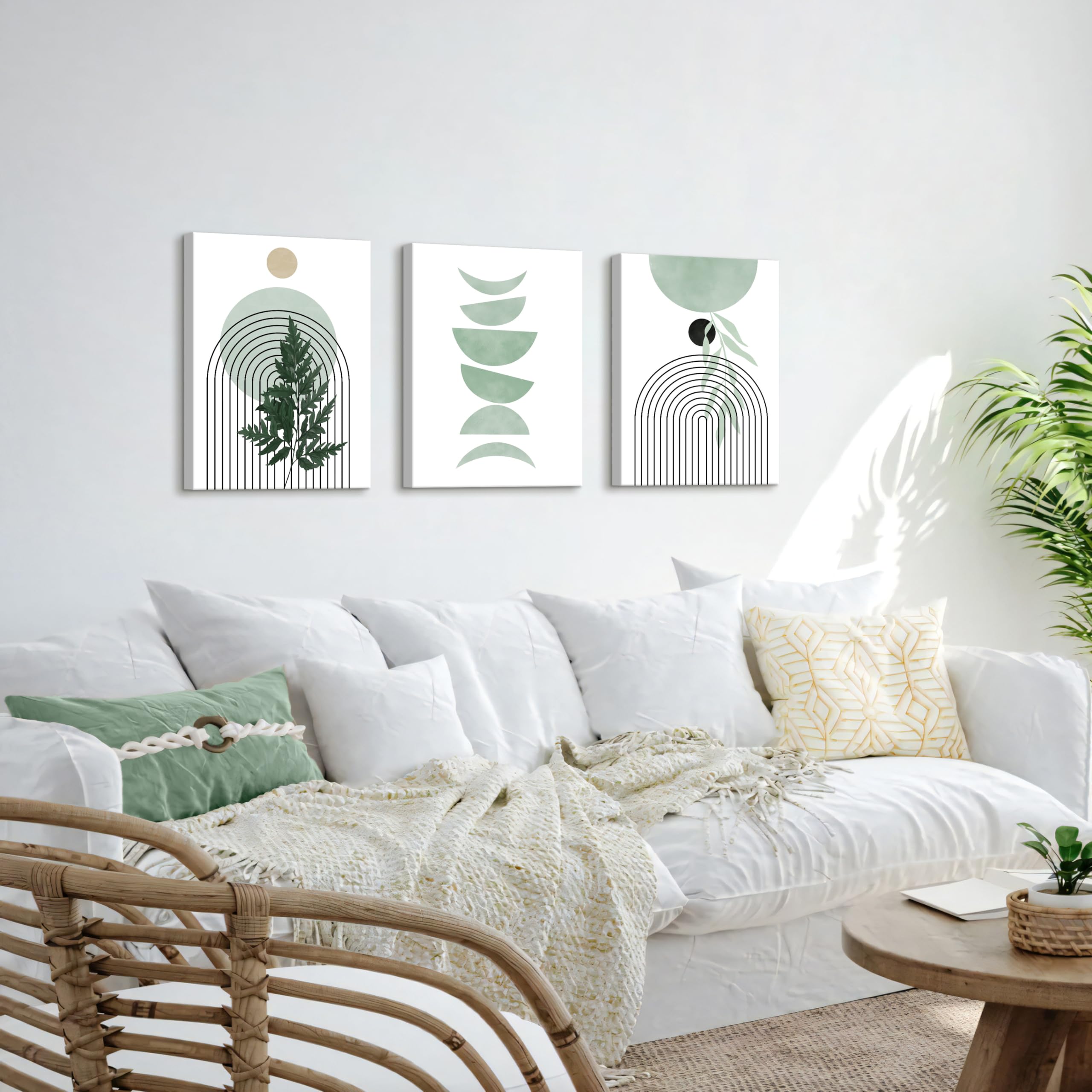 3 Pcs Wooden Framed Canvas Wall Art Set Bohemian Sage Green Canvas Prints Poster Geometric Line Beige Green Pictures for Living Room Bedroom Dinning Room Hallway Stairs Wall Decor 30x40cm x3pcs — view 474