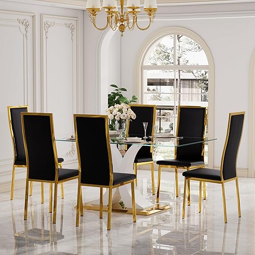 Miniatura 13 de Moderno juego de mesa de comedor rectangular de vidrio para 4, 63 pulgadas, mesa transparente de cocina de lujo con base negra y plateada, 4 sillas