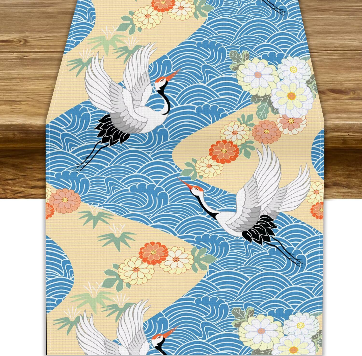 Japanese Crane Table Runner,Asian Oriental Birds Cherry Blossom Clouds Print Table Runner for Party Holiday Dining Room Kitchen 13x70in