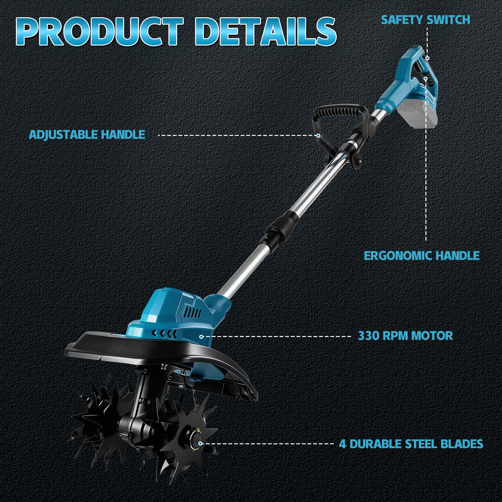 Motoazada Electrica Compatible con Makita 18V Batería, Motocultor Baterías inalámbrico, Ancho de Trabajo de 20 cm, de Trabajo 15 cm, Mango Plegable, Motocultor para Jardín Huerto Césped (sin batería)