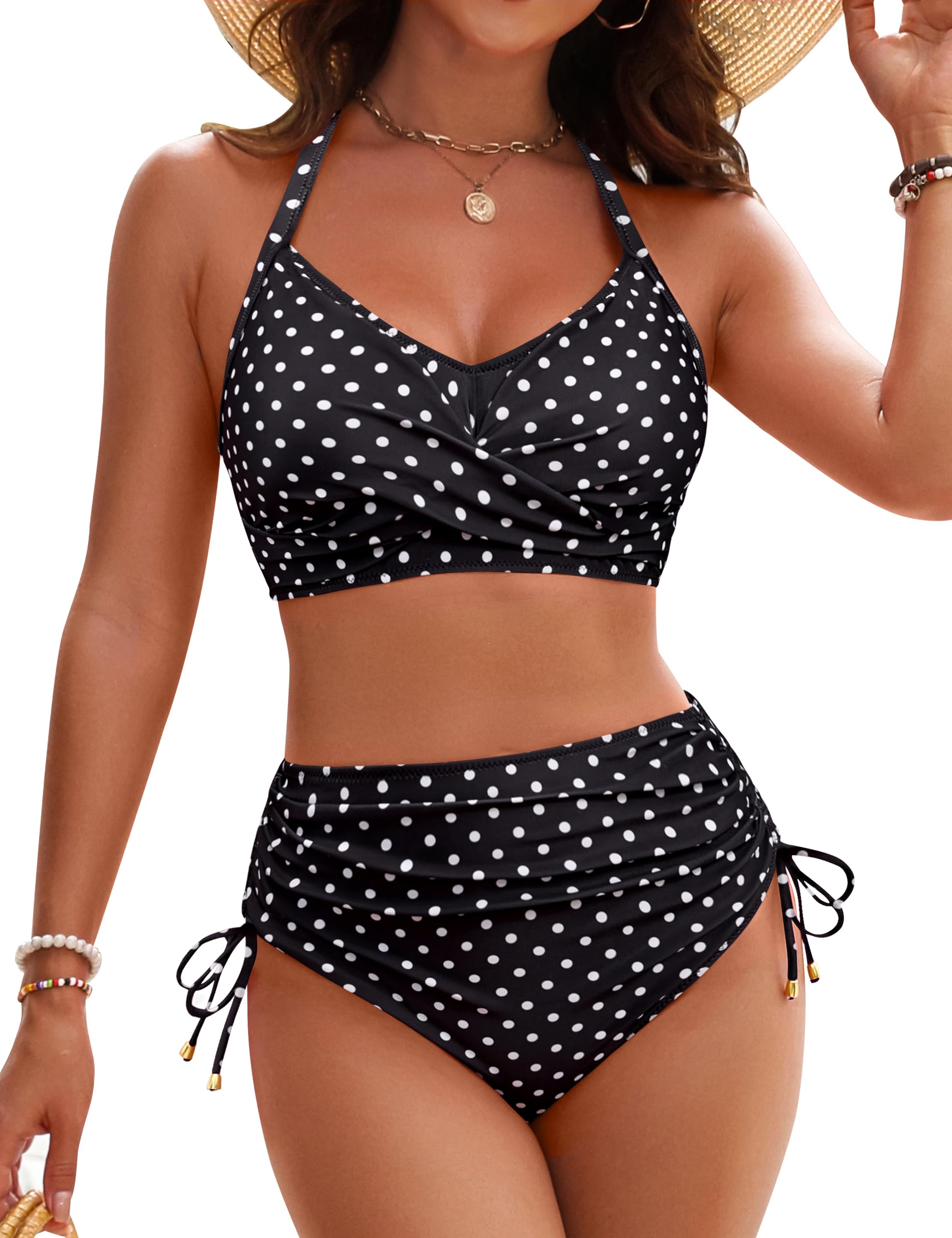 women's high waist drawstring bikini set tummy control swimsuit criss cross tie back