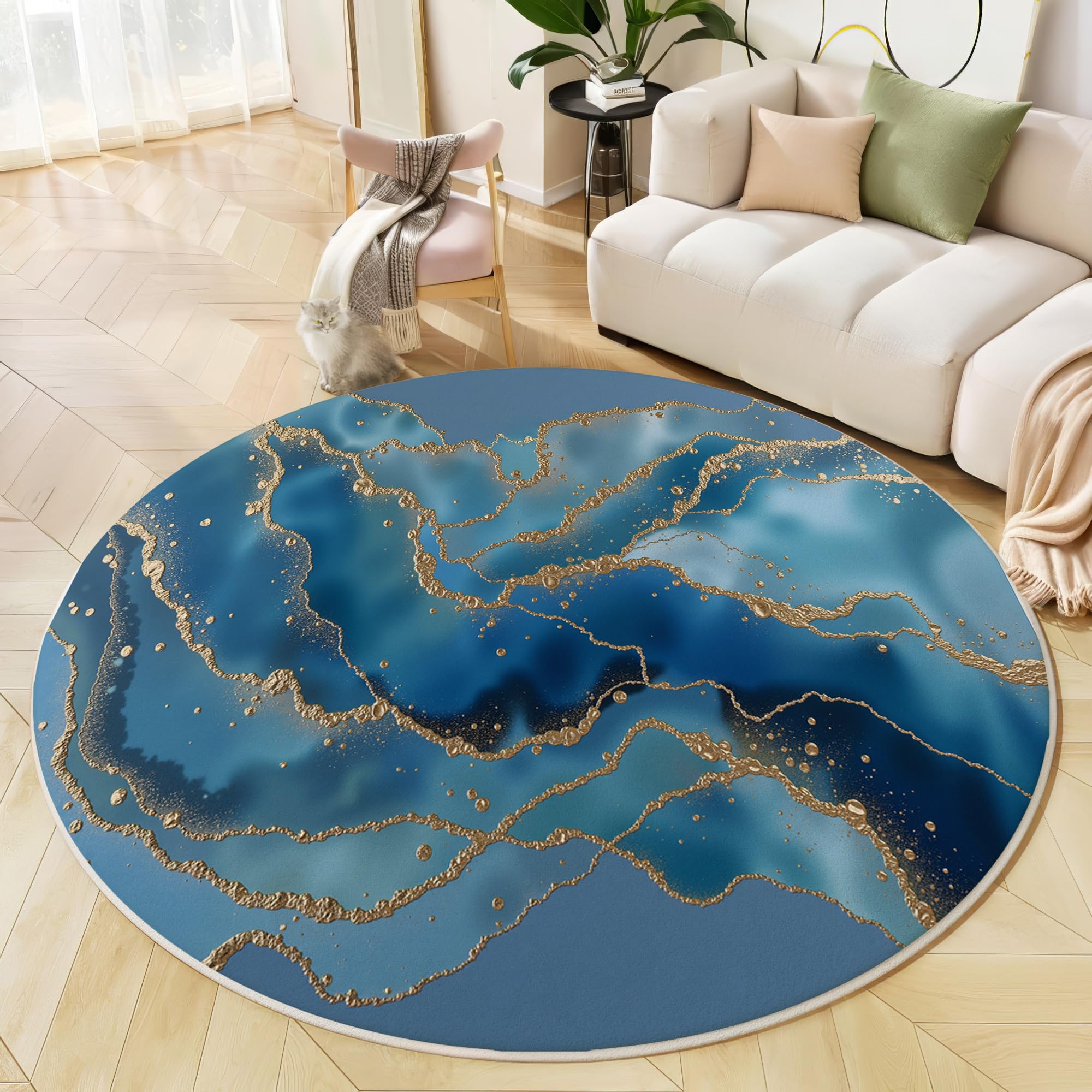 Tapis bleu ciel motif lignes en feuille d'or pour chambre et salon