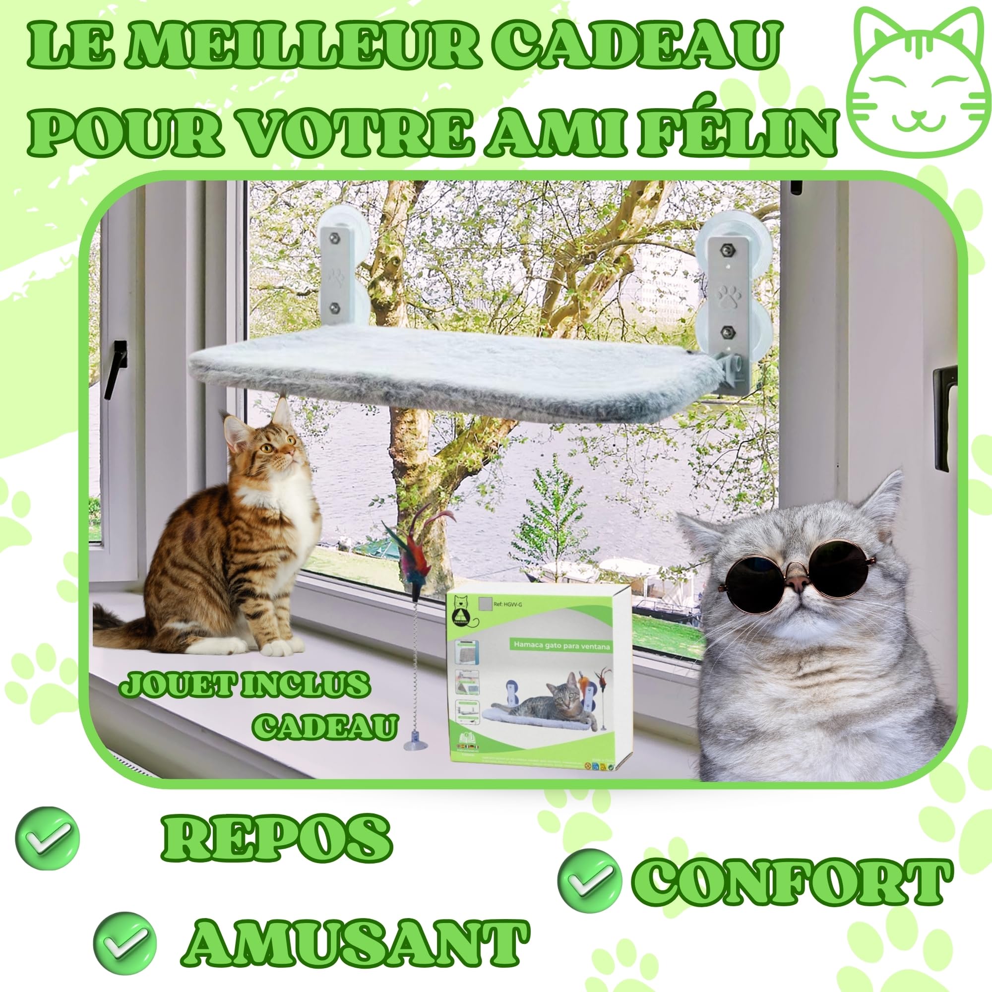 Hamac Chat Fenetre Pliable Lit pour Chat avec des Ventouses Stables Tapis réversible avec Jouet Inclus Code QR avec Instructions et vidéo de Montage