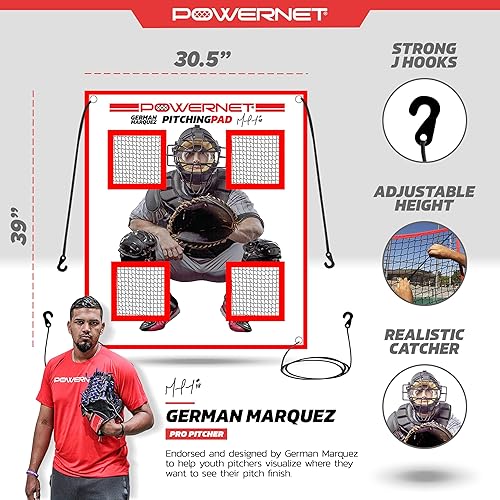 Miniatura 3 de PowerNet Almohadilla de lanzamiento entrenador de lanzamiento de sóftbol de 4 bolsillos con red de 7 x 7 pies, receptor realista para jaulas y