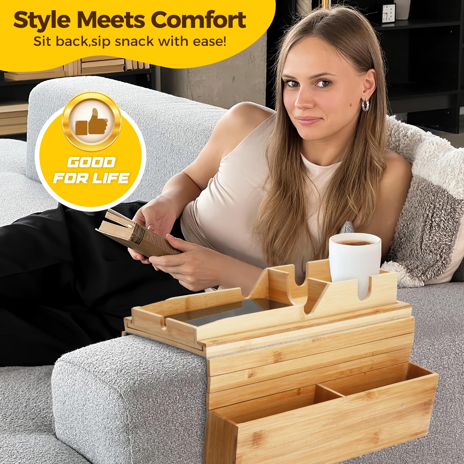 Towwoo Bandeja para Sofá de Bambú, Organizador de Reposabrazos para Sofa, Mesa Flexible con Clip para Brazo de Sofá, para Snacks, Bebidas, Teléfono, Control Remoto
