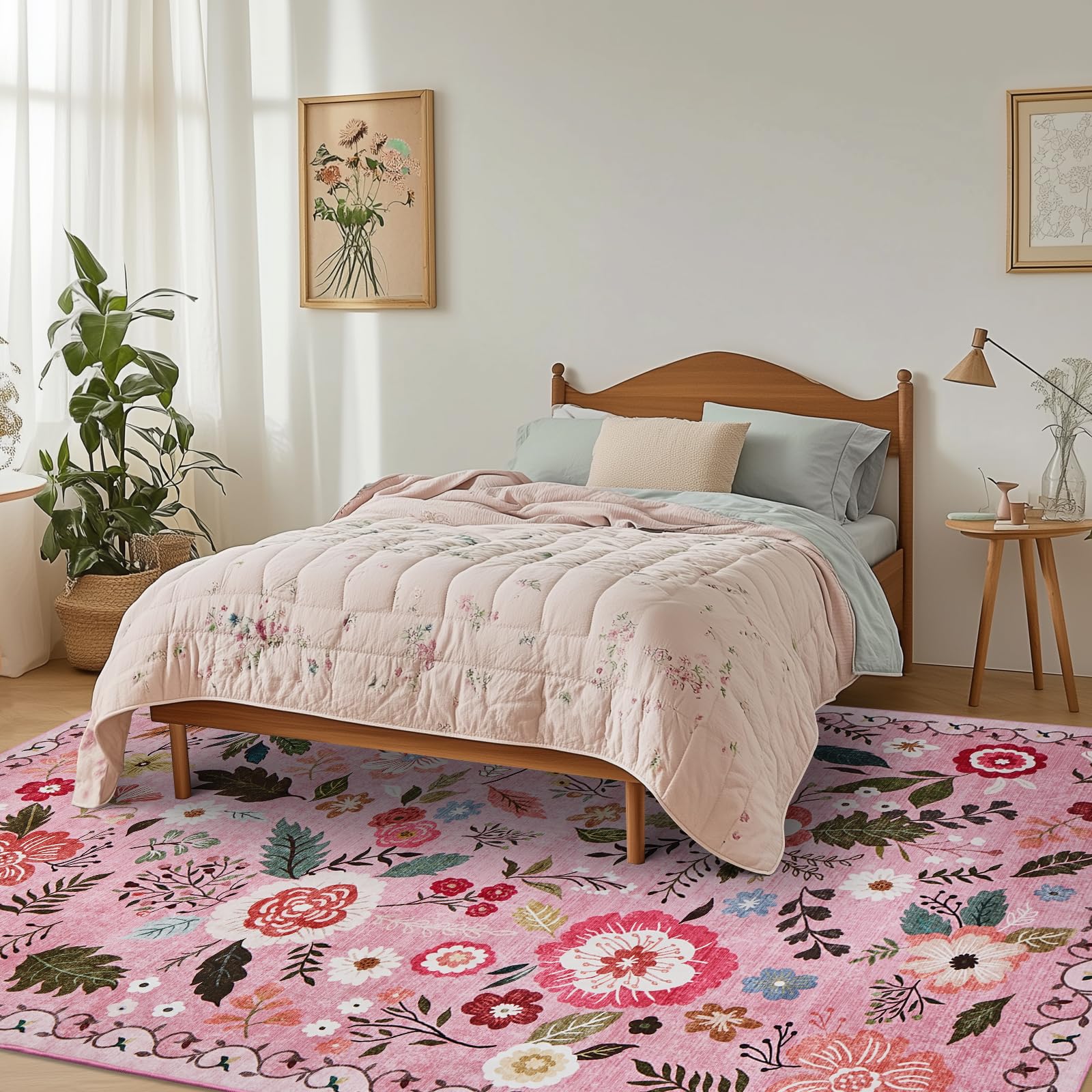 Puremy Waschbarer Teppich Wohnzimmer, Retro Floral Design, kuscheliger Kurzflor, Groß Teppiche Schlafzimmer rutschfest Weiche für Badezimmer Esszimmer Kinderzimer, 240x340cm, Beige Rosa