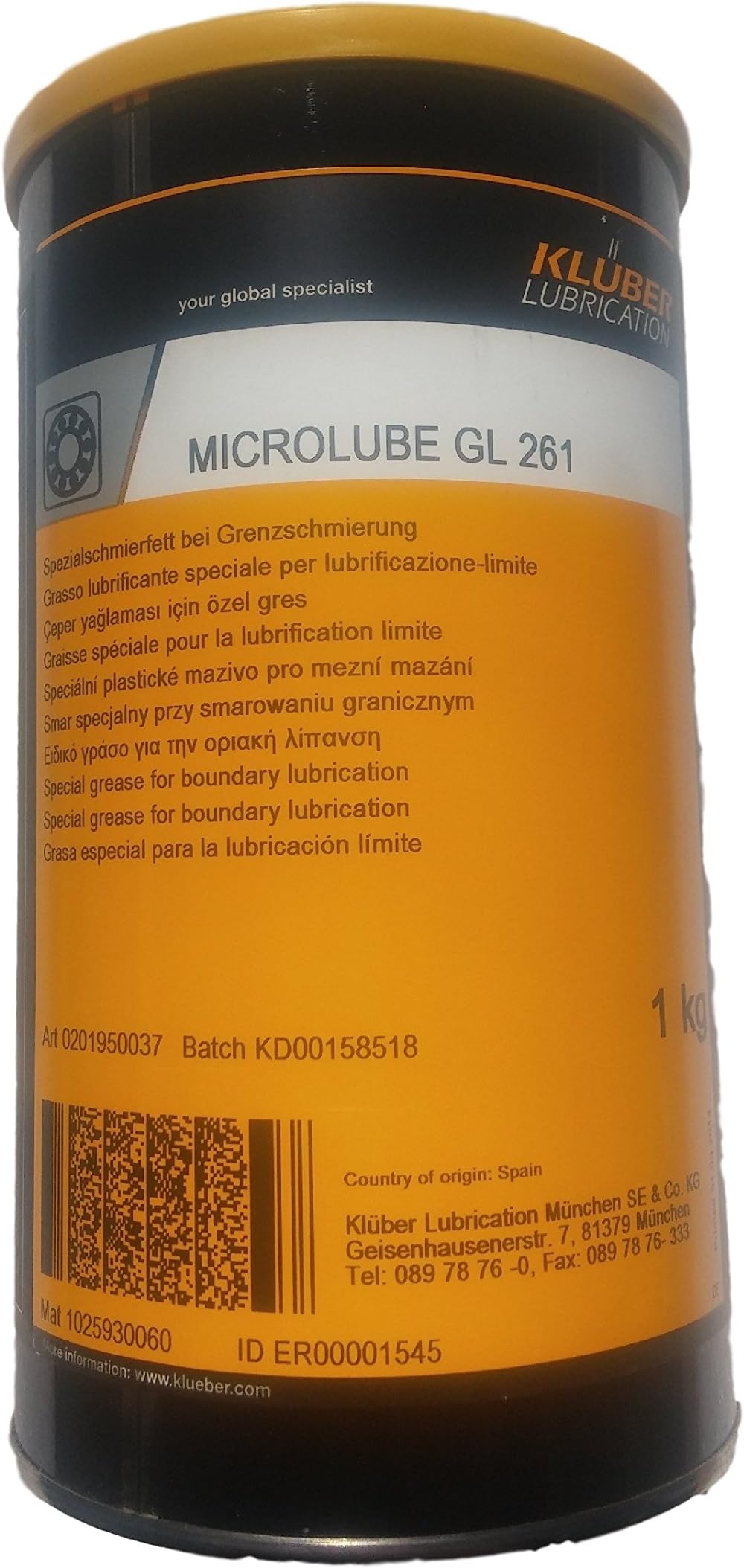 Kluber Lubrication Microlube GL 261 Special Lubricating Grease for Boundary Friction Conditions and Tribo-Corrosion 1 KG Can