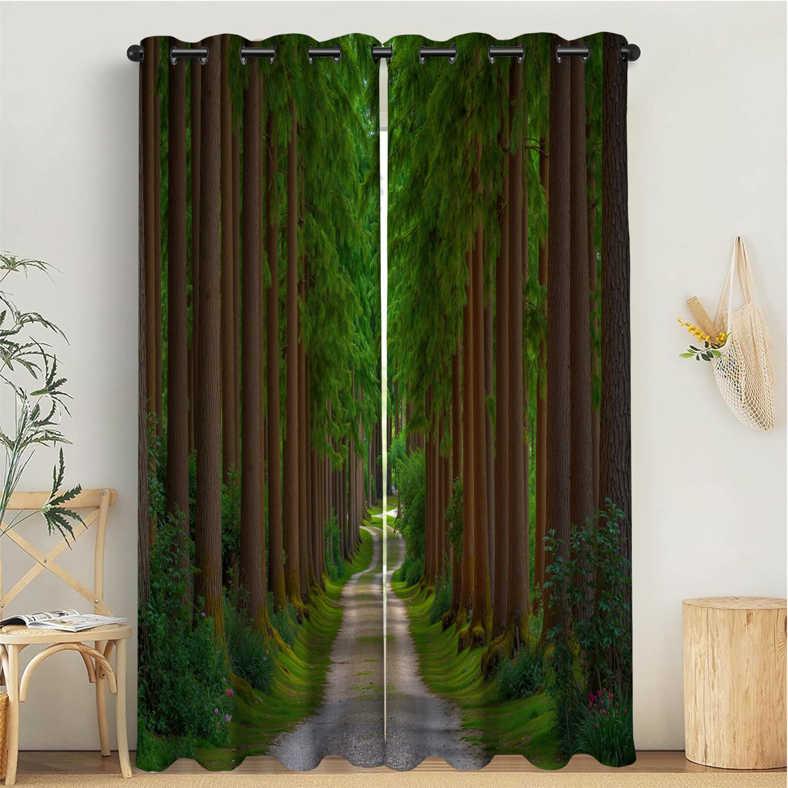 Tenda Oscurante Termica E Isolante Con Occhielli, 2 Pannelli, Sentiero Dei Pini Stile Tranquillo Della Foresta Oscuramento Anti Freddo E Caldo, Per Camera Da Letto E Bambini