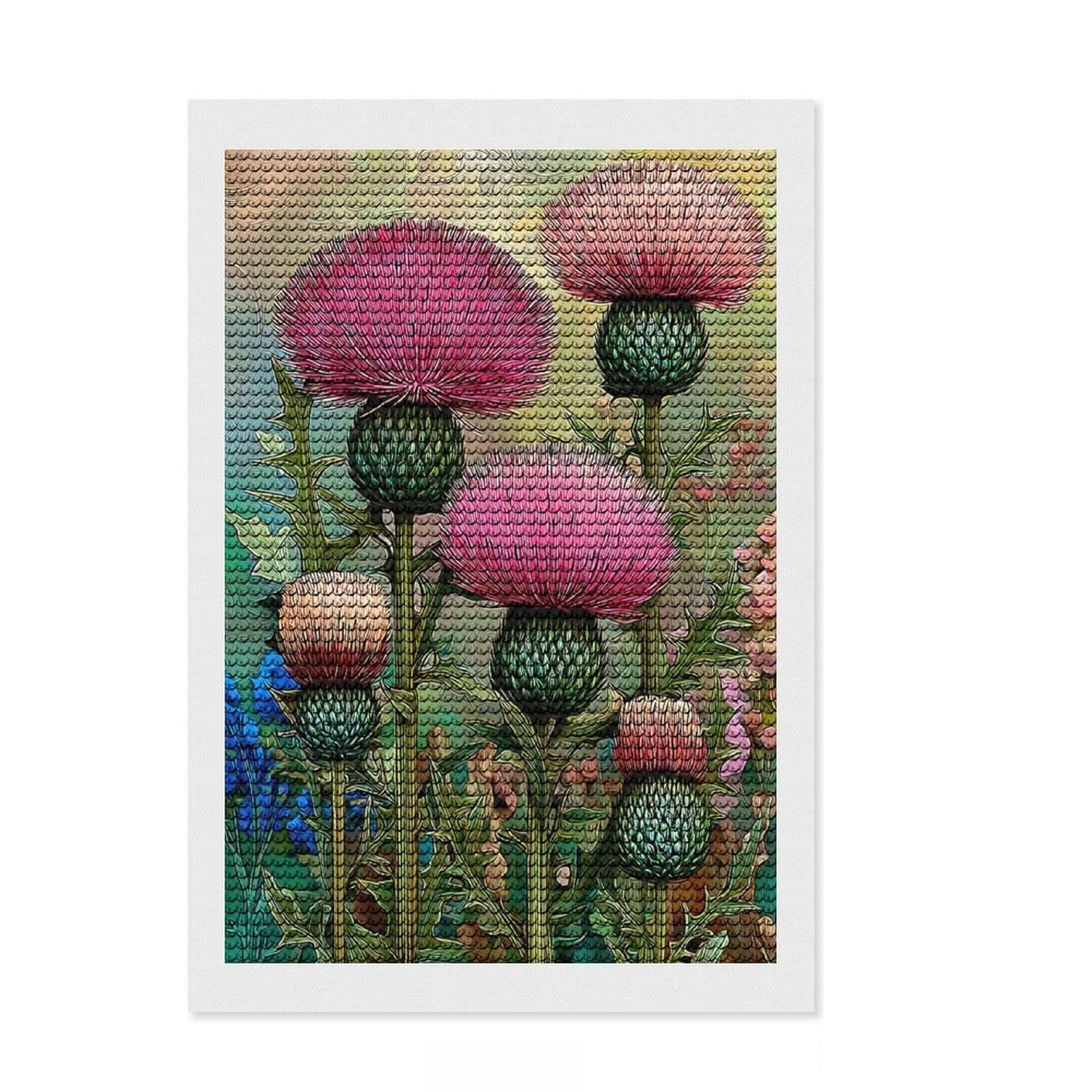 Junmoney Vibrant Thistle Blooms Full Drill Diamond Painting Kit 8"x12", Stress Relief Craft, Round Gems, Full Kit Included, Thoughtful Present
