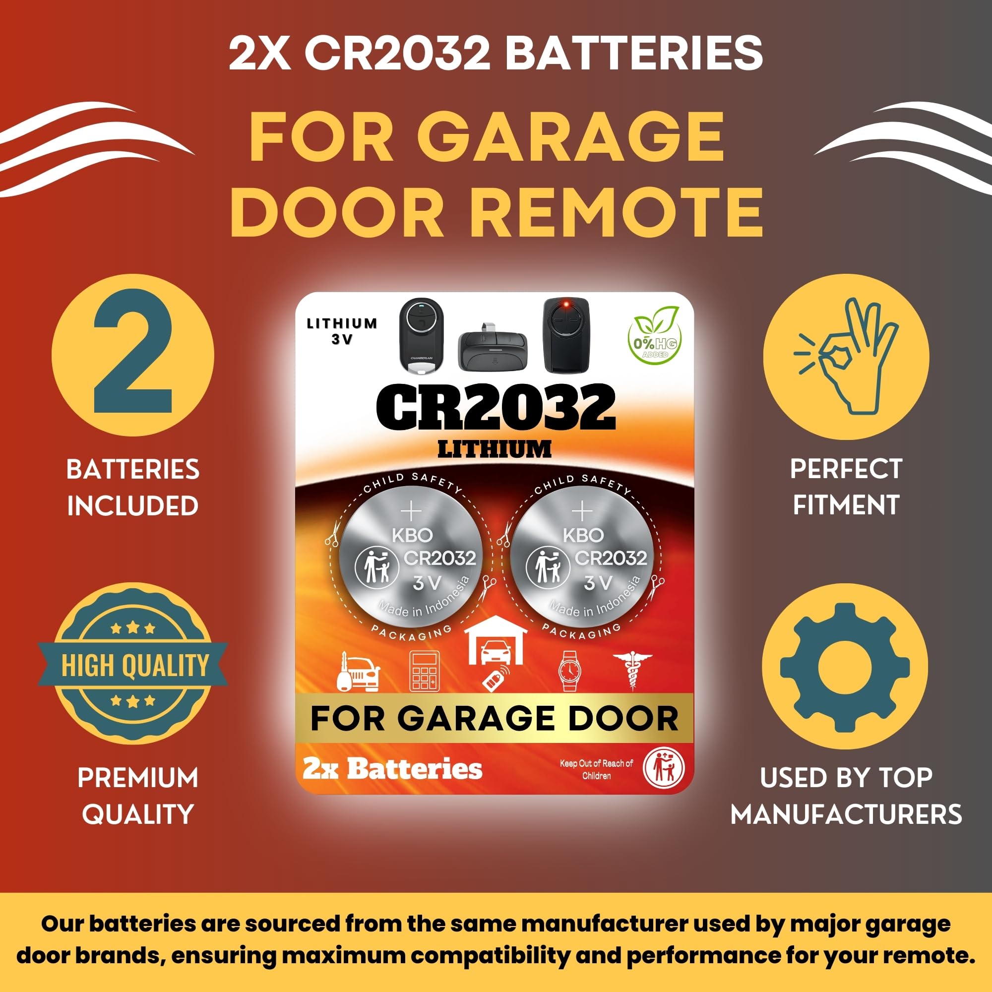 Batteria per apriporta garage - 2 pezzi CR2032, pulsante al litio da 3 V, alimentazione di ricambio per telecomandi, tastiere, sensori principali