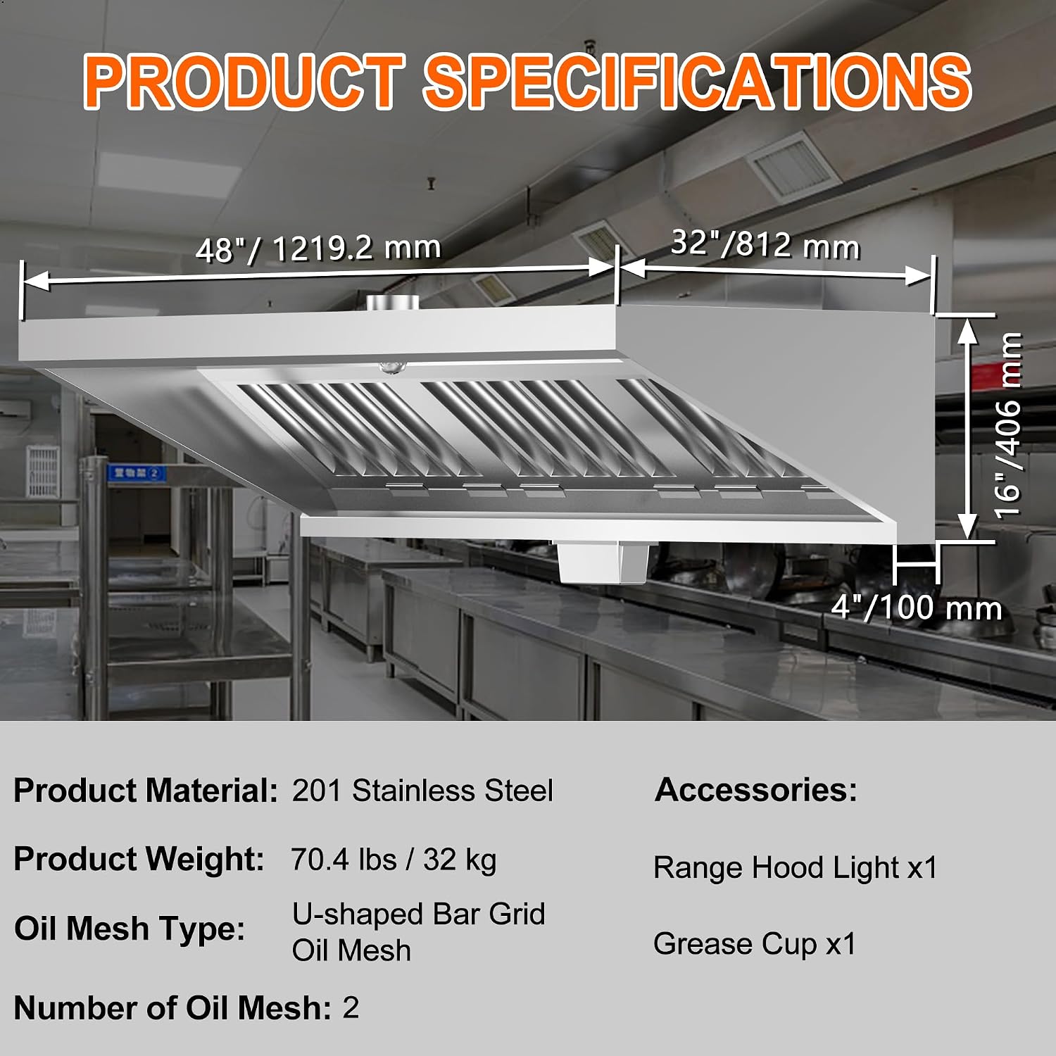 Commercial Exhaust Hood 4 FT Stainless Steel Concession Trailer With 2 Removable Filters, Grease Cup and Light, Rust Resistant Vent for Restaurant Kitchen, NSF Listed