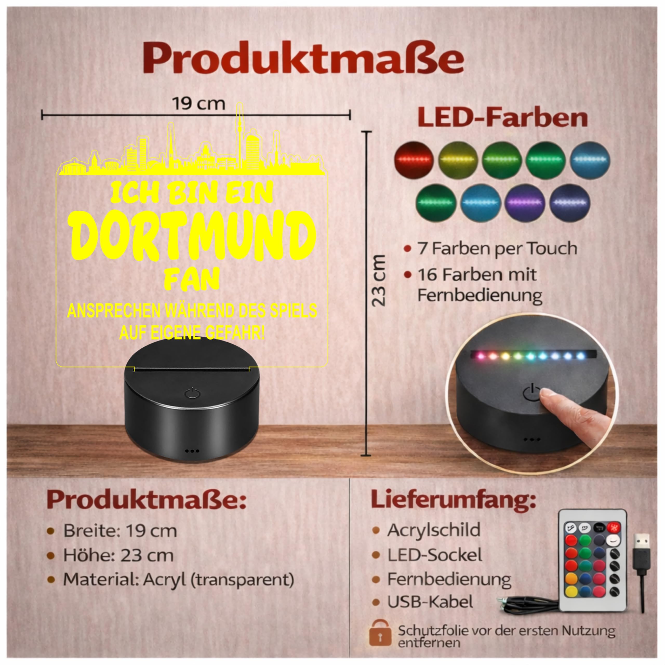 Lieblingsmensch Dortmund Fan Fußball LED Nachtlicht – 3D Skyline Design „Ansprechen auf eigene Gefahr“ – RGB Farbwechsel mit Fernbedienung & Touch – Stimmungslicht für die Man Cave – 19x23cm