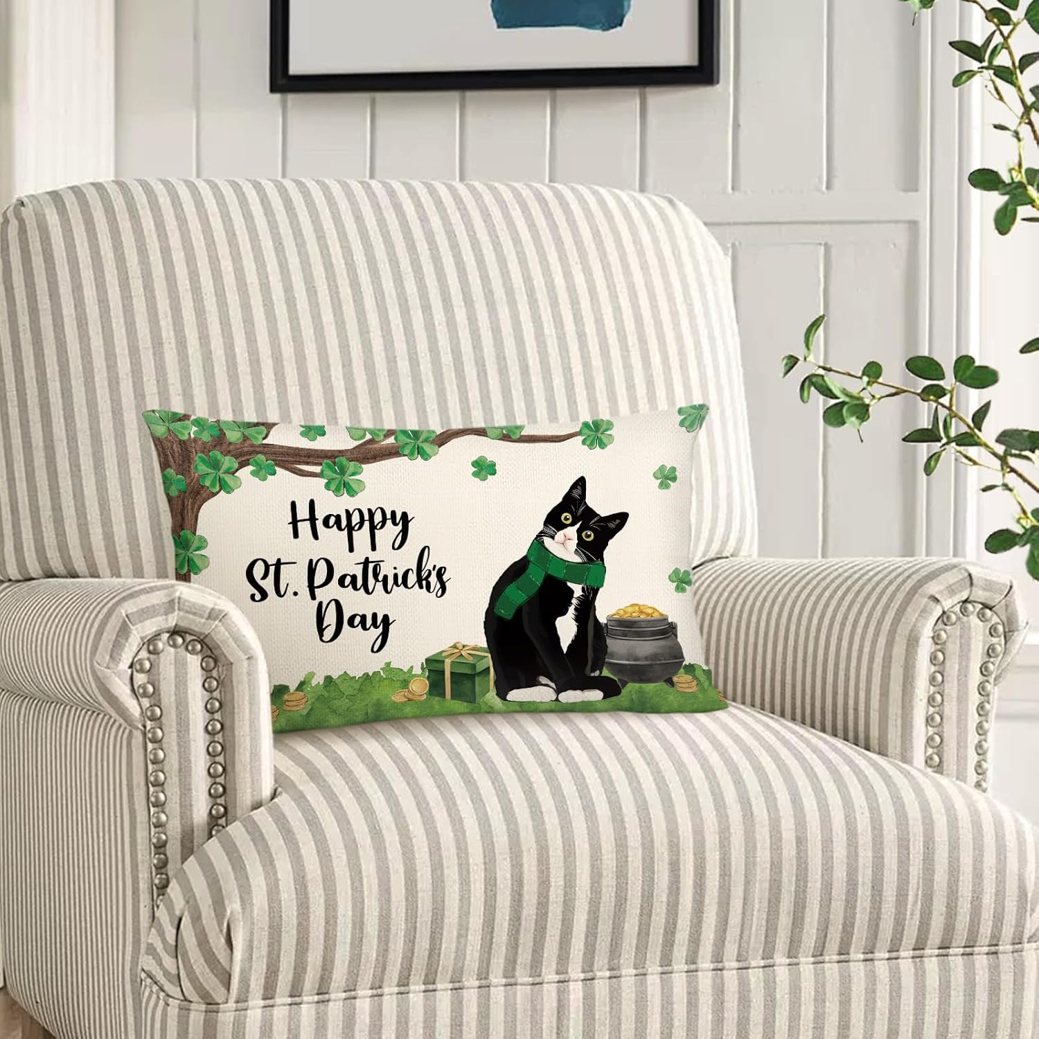 St Patricks Day Cat Shamrocks Clovers Lumbar Throw Pillow Cover 12x20 Inch Holiday Cushion Case Decoration for Sofa Couch - Image 3